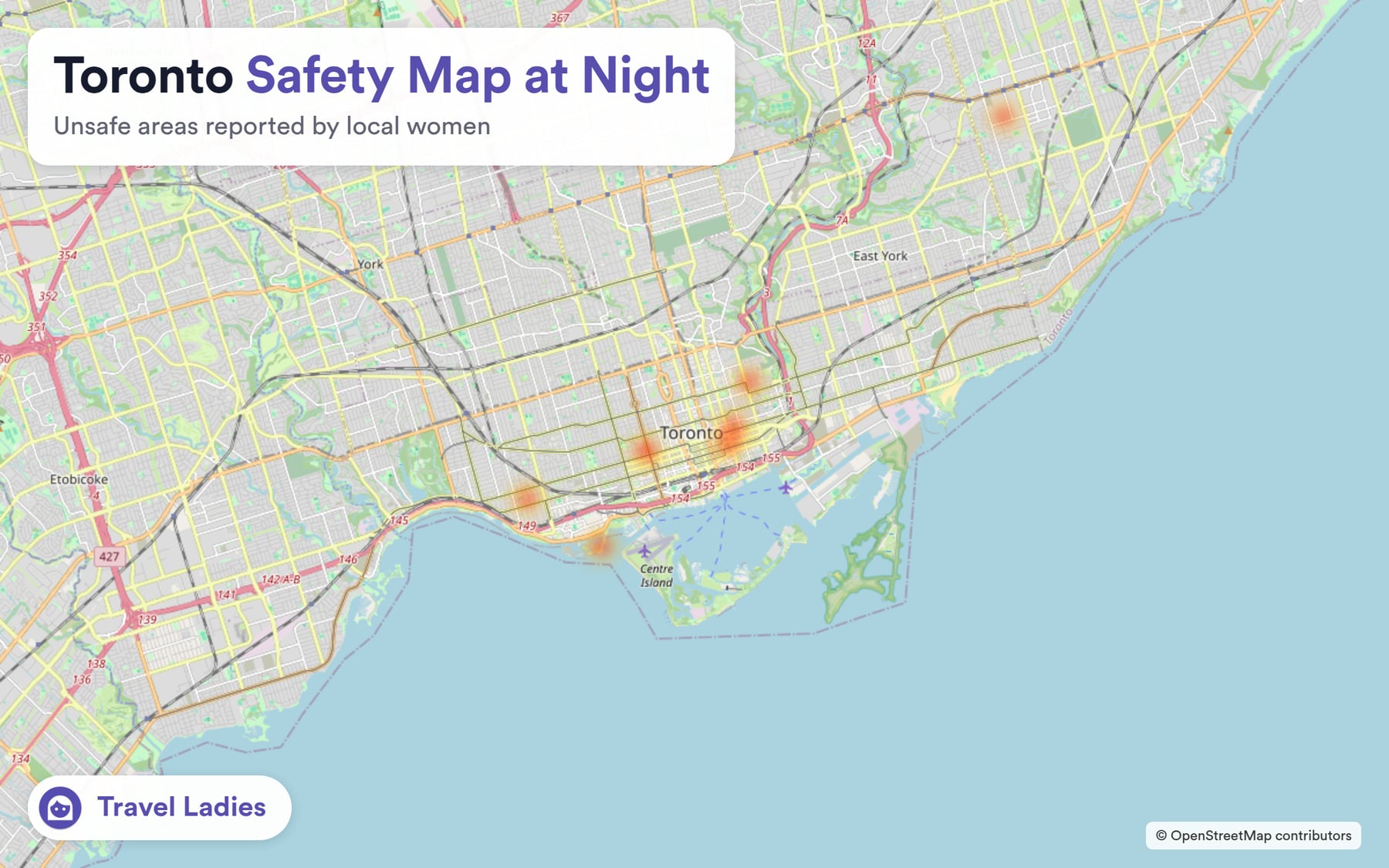 Toronto safety map at night: unsafe areas reported by local women
