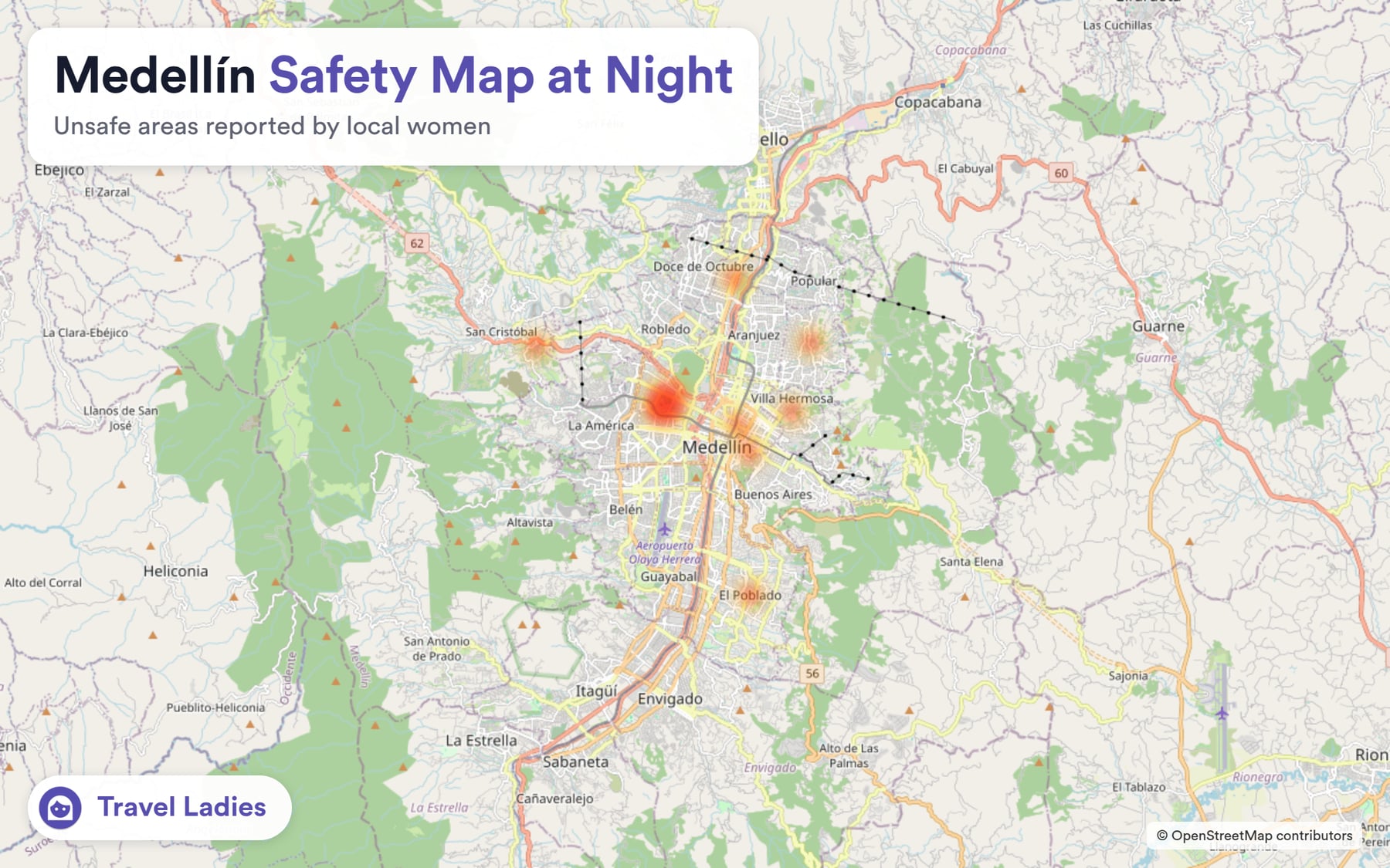 Medellín safety map at night: unsafe areas reported by local women