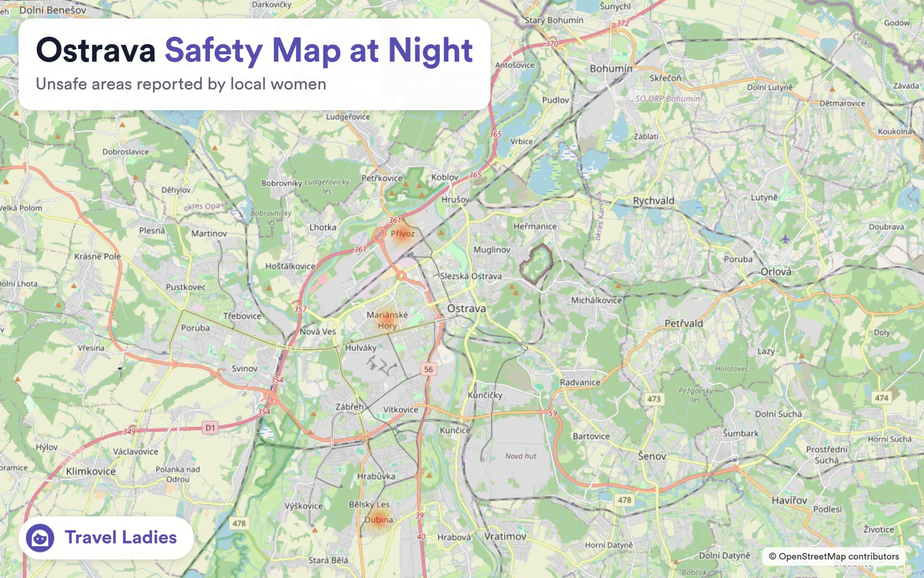 Ostrava safety map at night: unsafe areas reported by local women