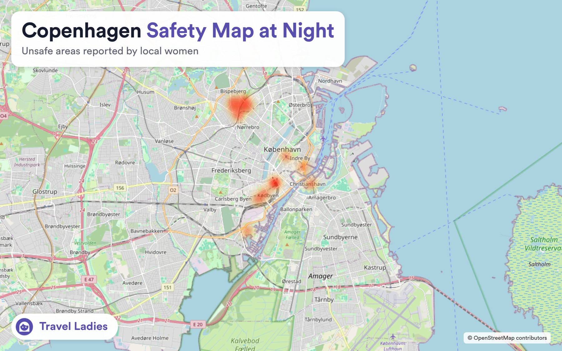 Copenhagen safety map at night: unsafe areas reported by local women
