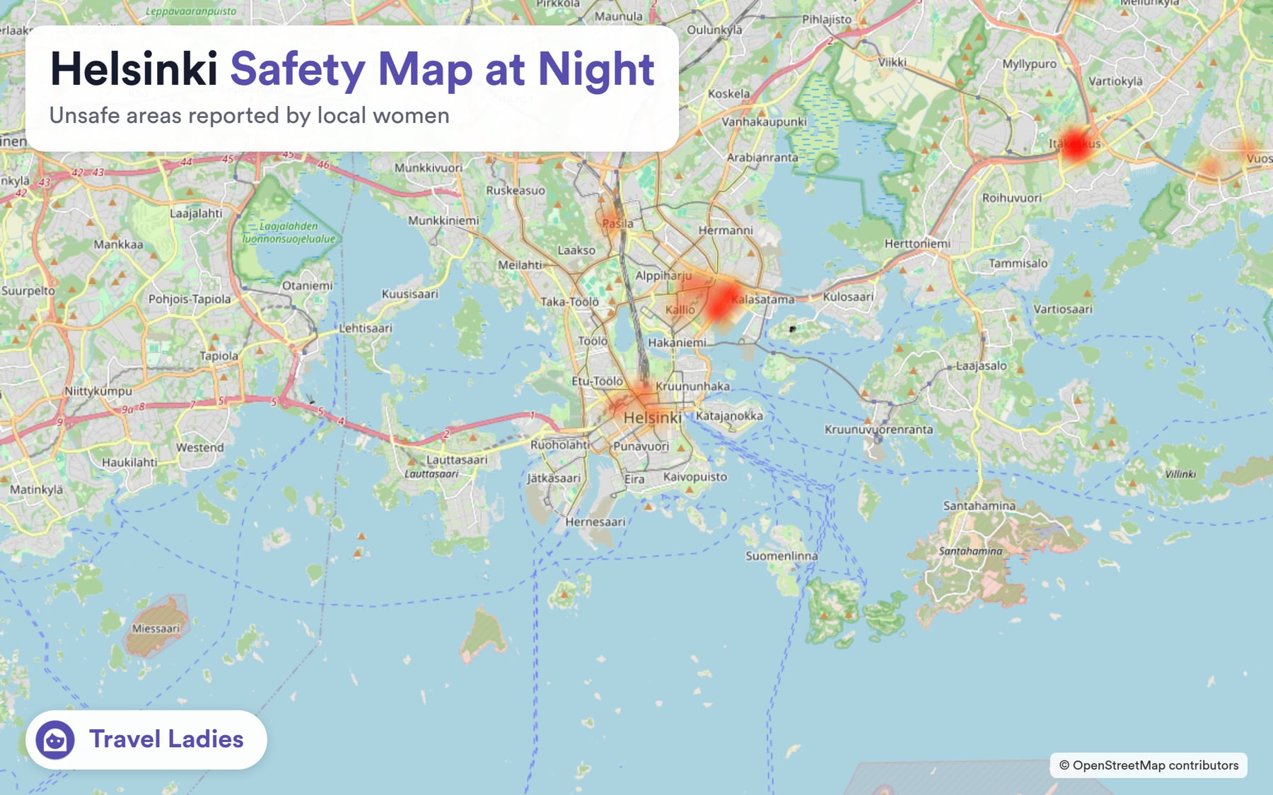 Helsinki safety map at night: unsafe areas reported by local women
