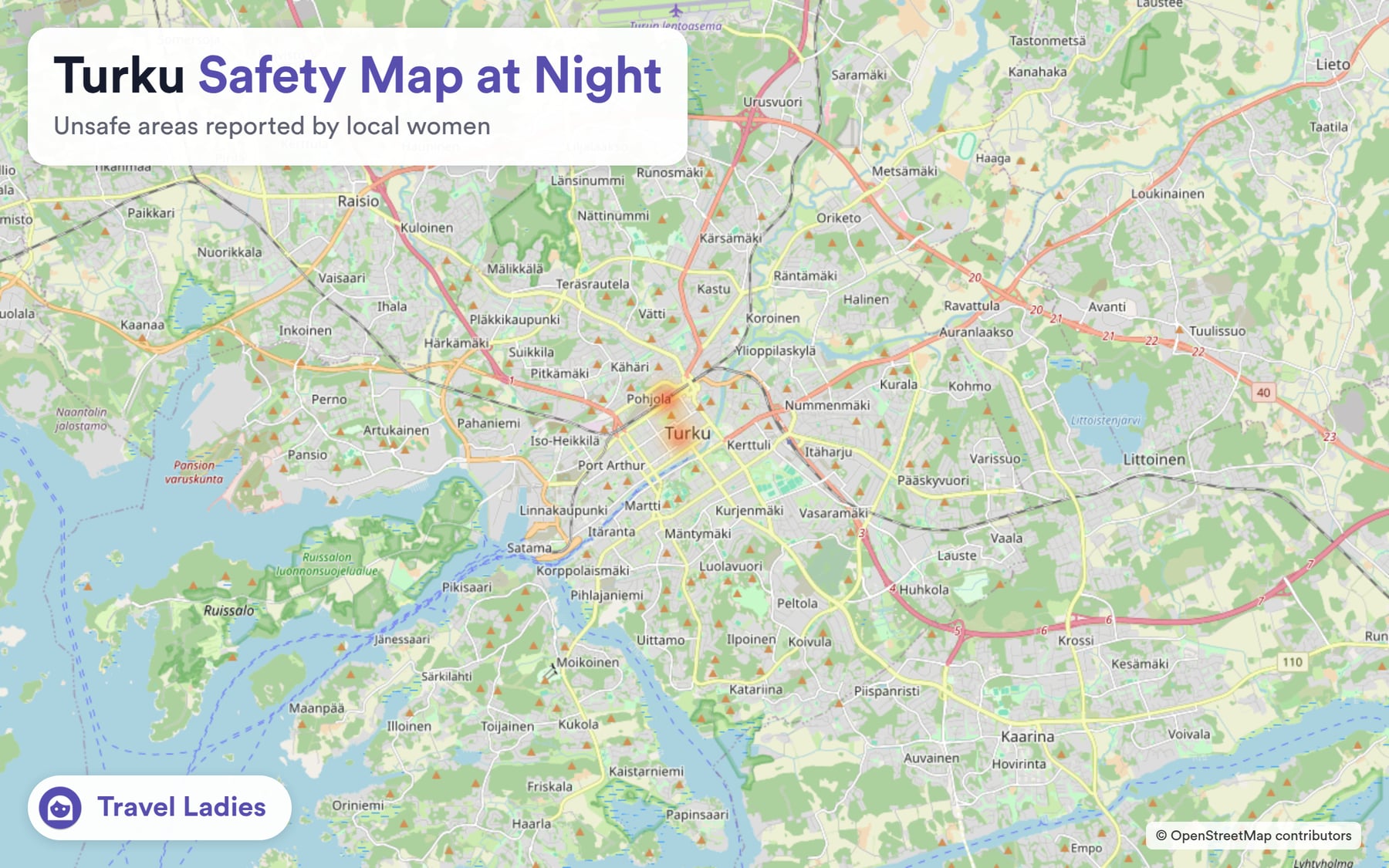 Turku safety map at night: unsafe areas reported by local women