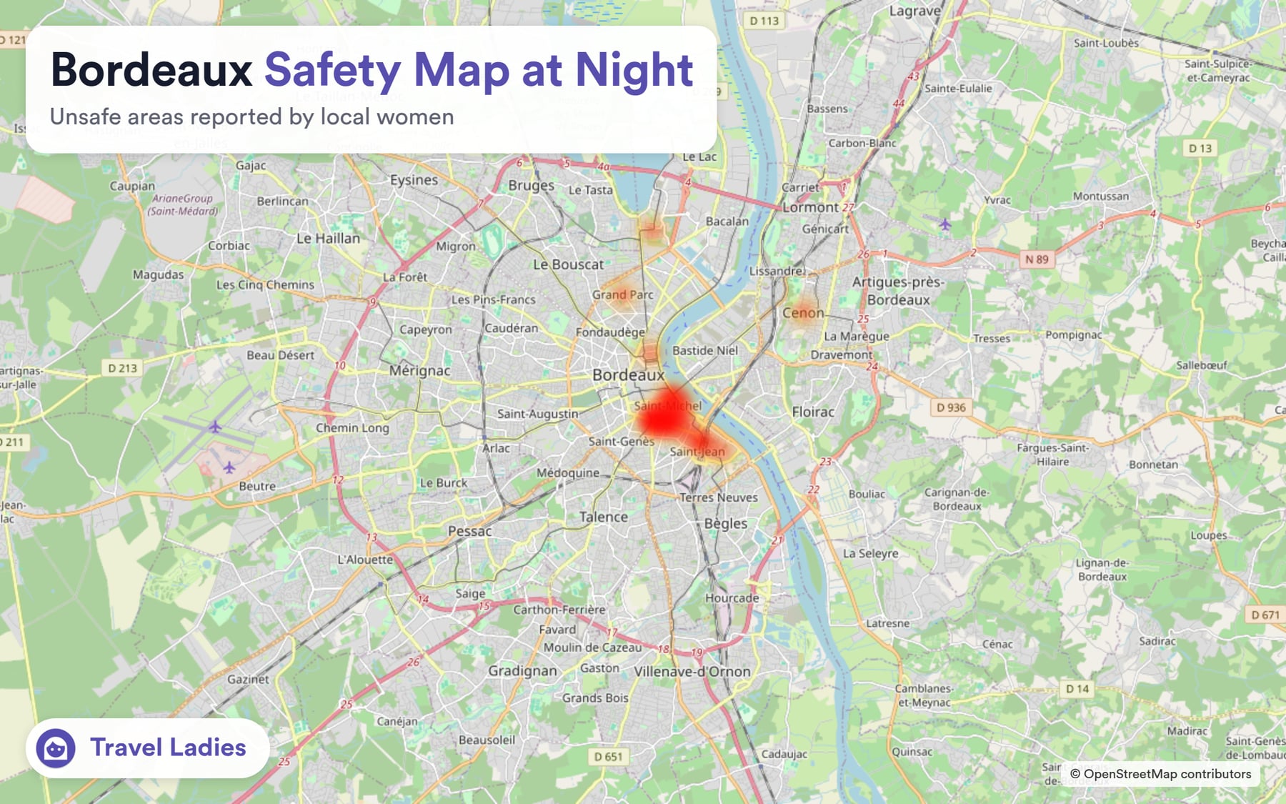 Bordeaux safety map at night: unsafe areas reported by local women