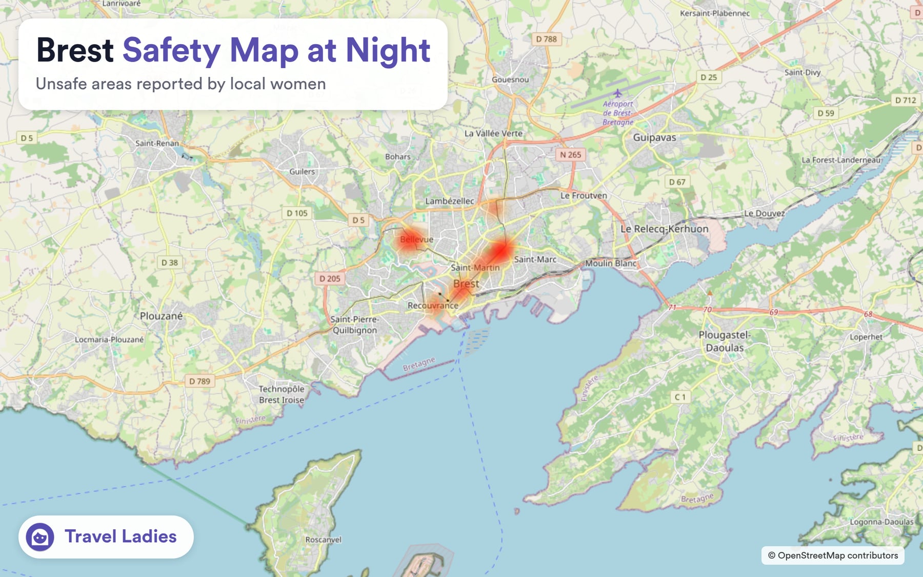 Brest safety map at night: unsafe areas reported by local women