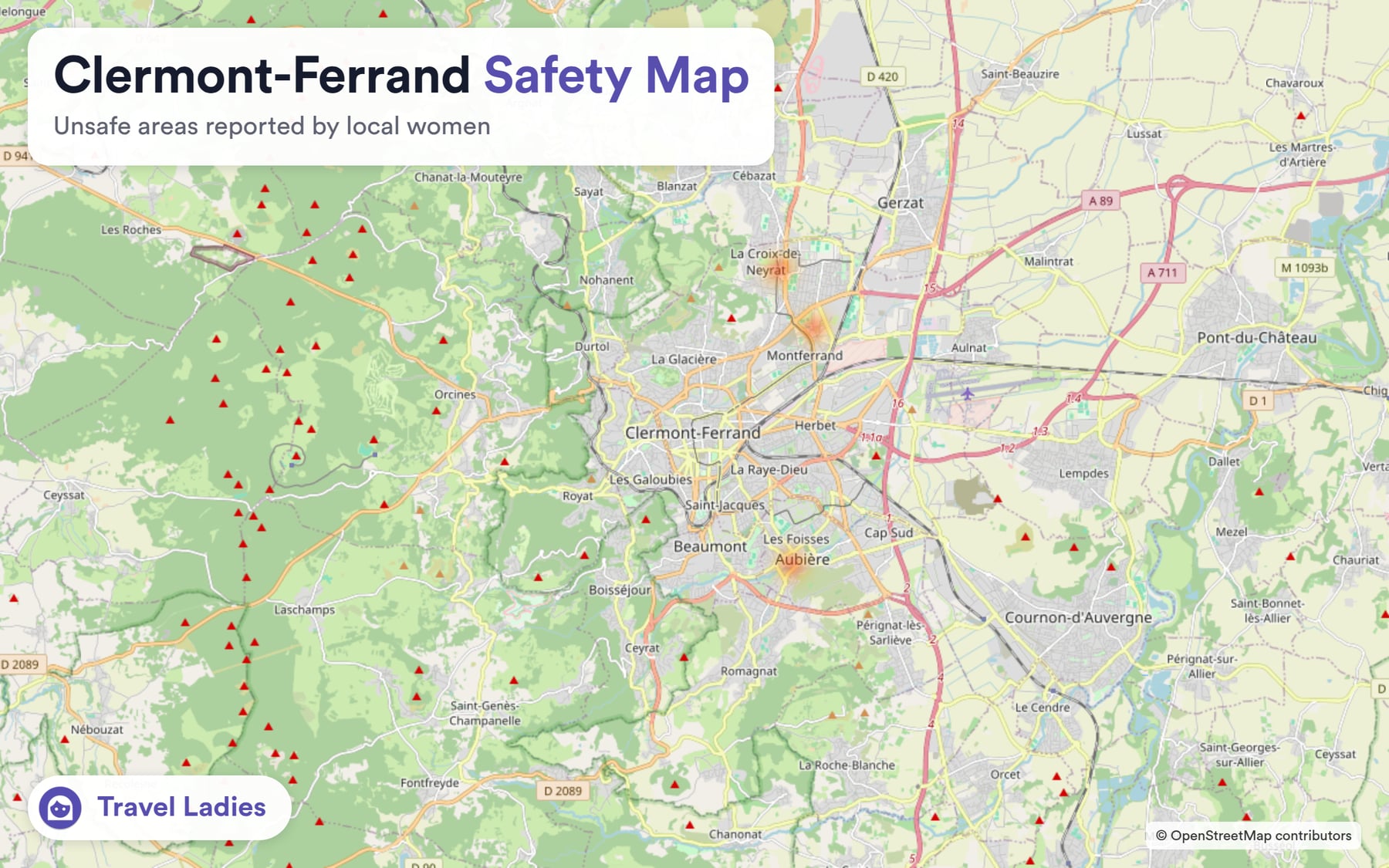 Clermont-Ferrand safety map: unsafe areas reported by local women
