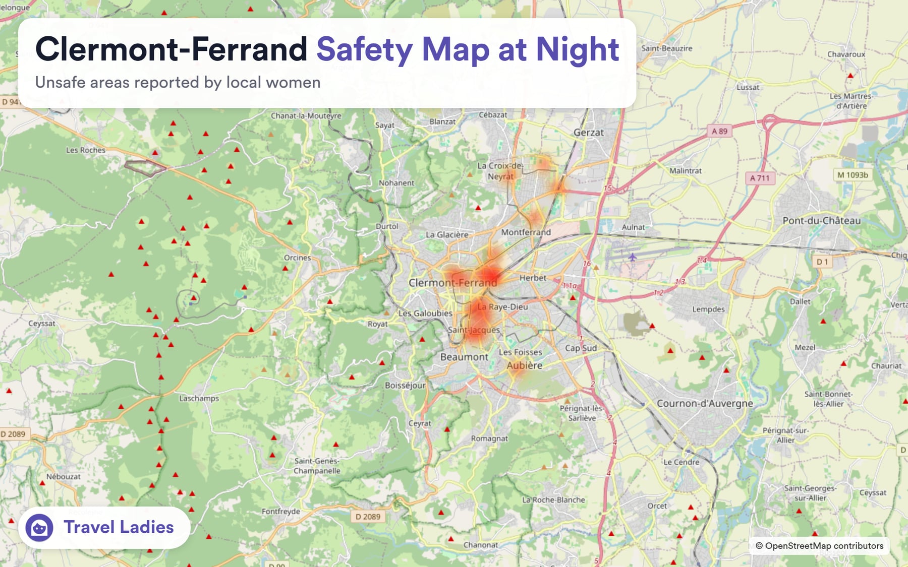 Clermont-Ferrand safety map at night: unsafe areas reported by local women