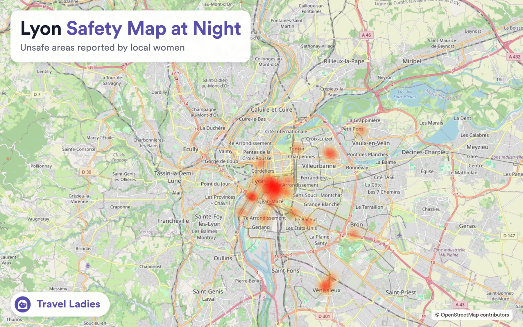 Lyon safety map at night: unsafe areas reported by local women