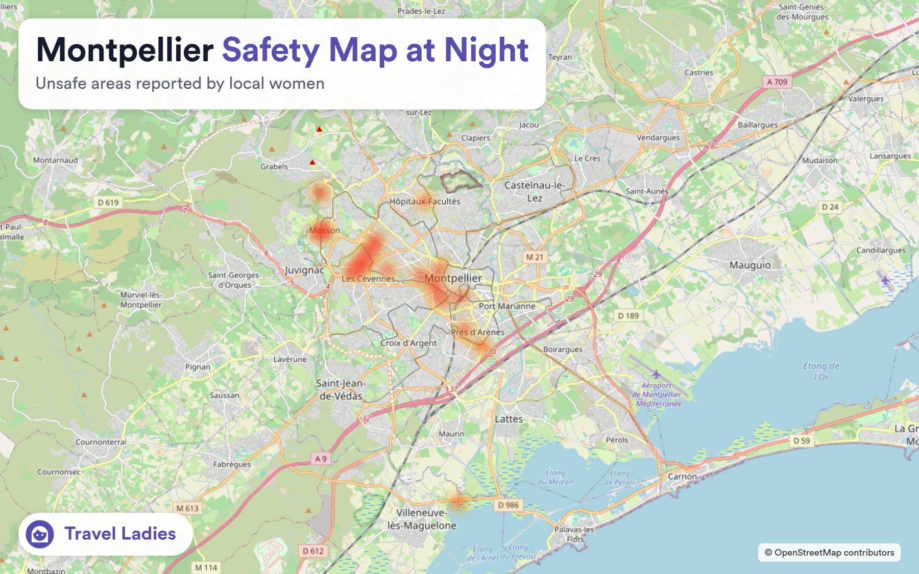 Montpellier safety map at night: unsafe areas reported by local women
