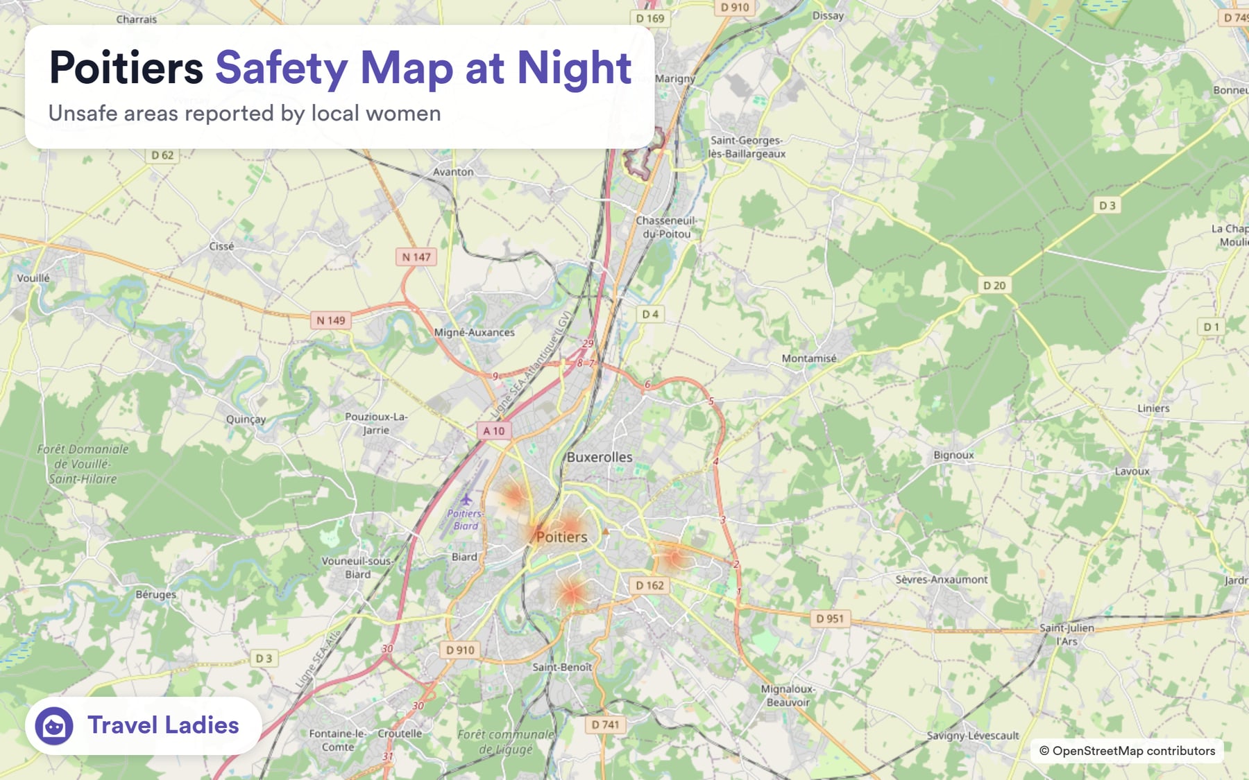 Poitiers safety map at night: unsafe areas reported by local women