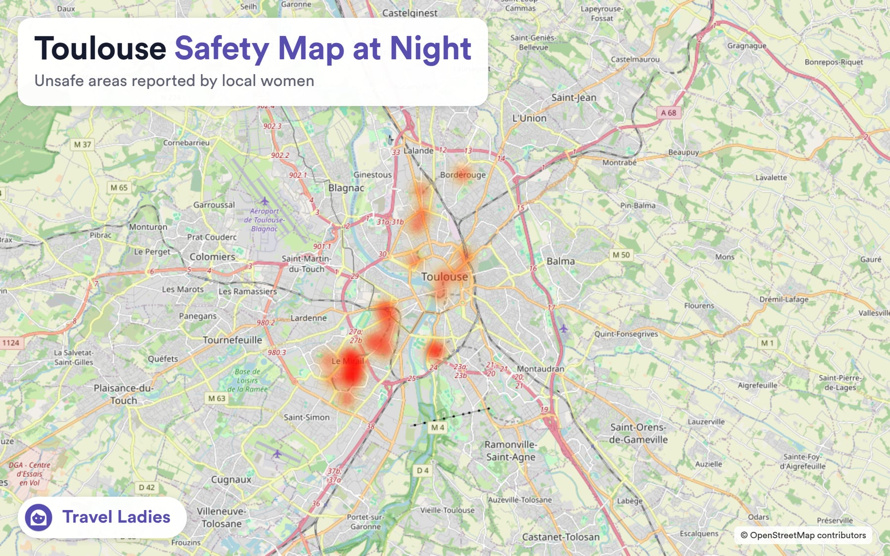 Toulouse safety map at night: unsafe areas reported by local women