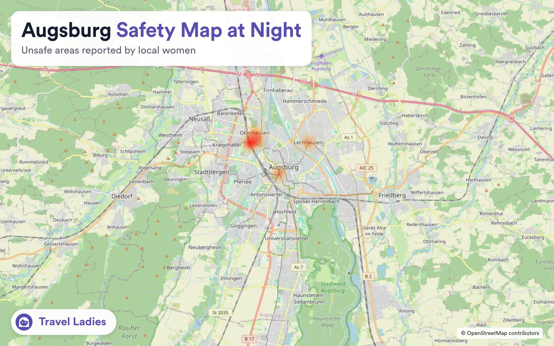 Augsburg safety map at night: unsafe areas reported by local women