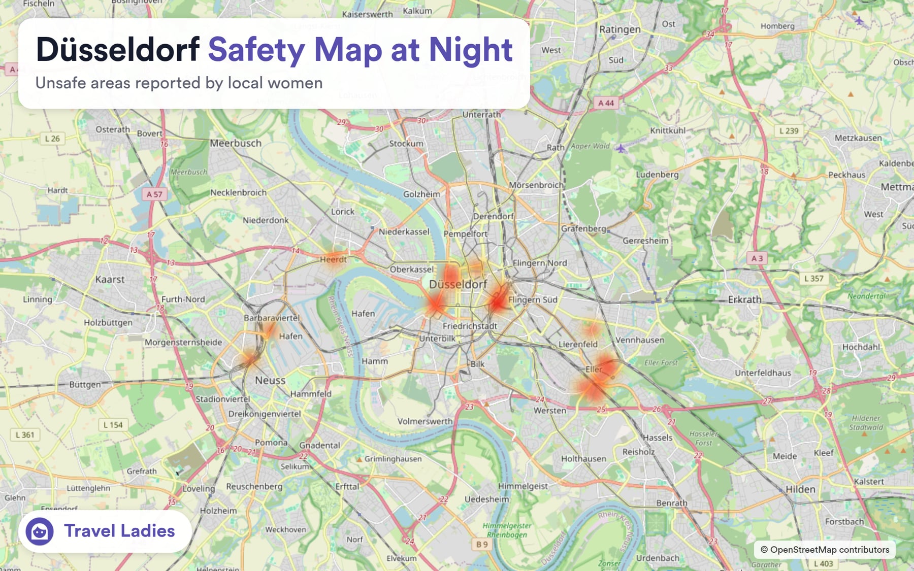 Düsseldorf safety map at night: unsafe areas reported by local women