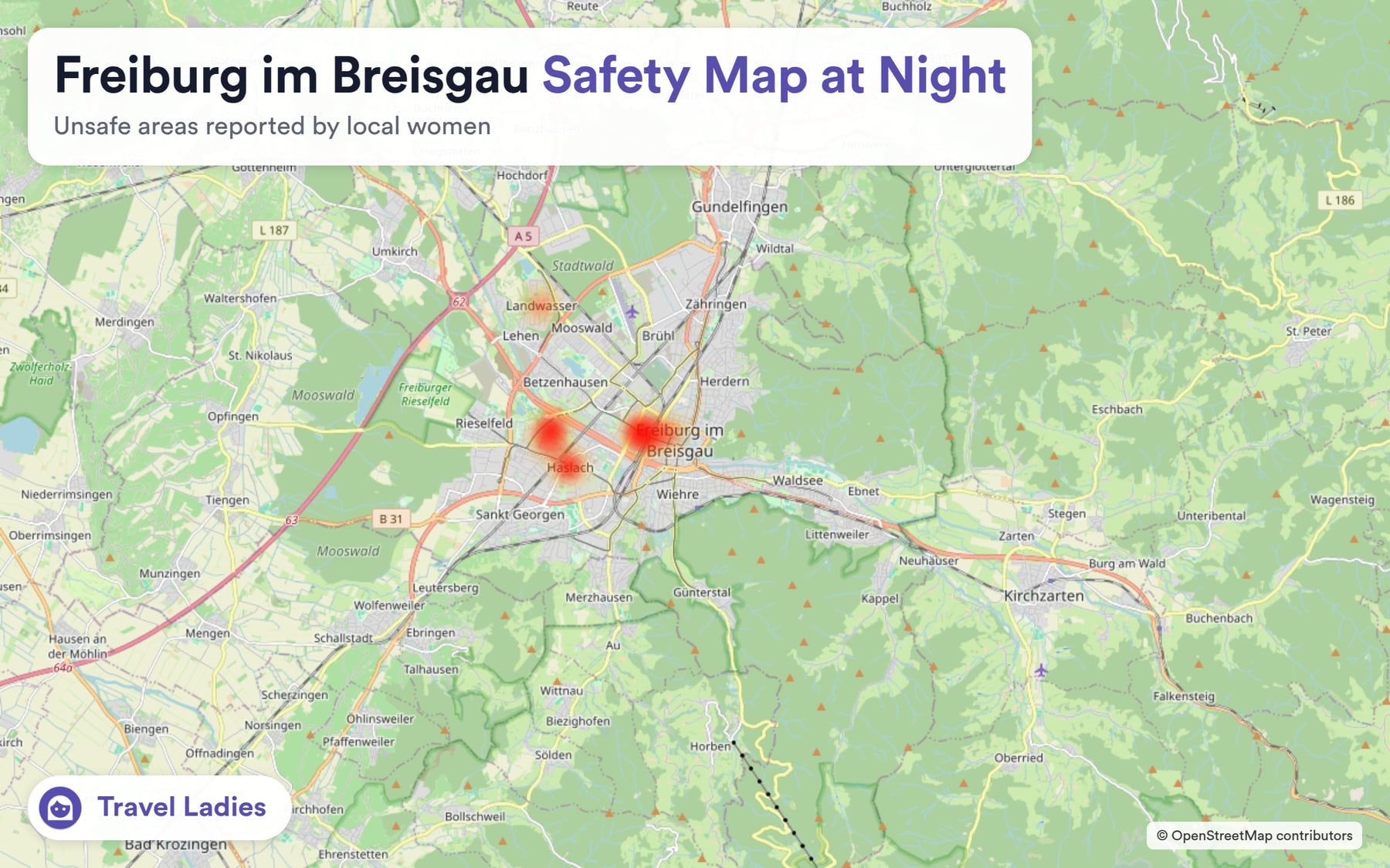 Freiburg im Breisgau safety map at night: unsafe areas reported by local women