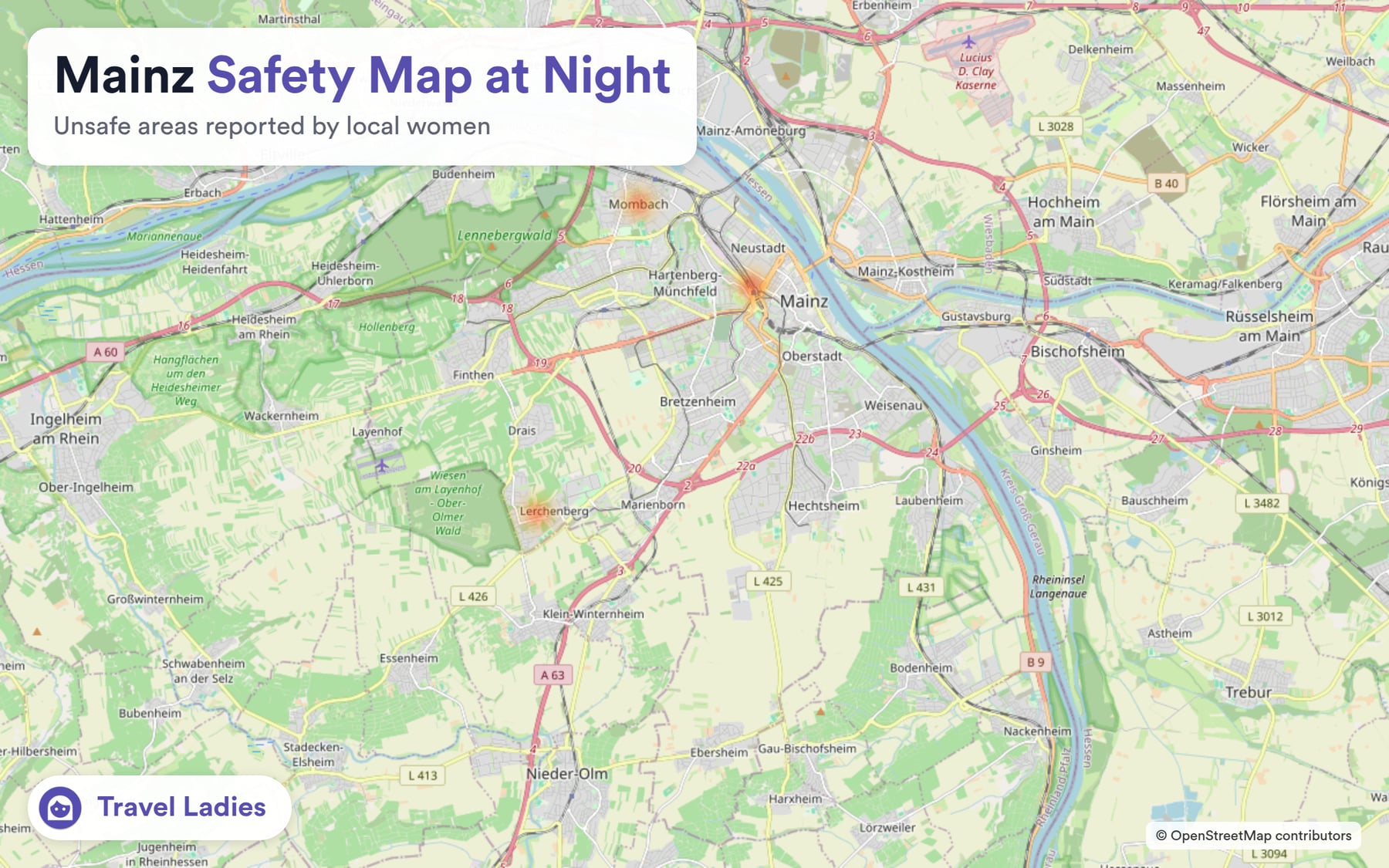 Mainz safety map at night: unsafe areas reported by local women