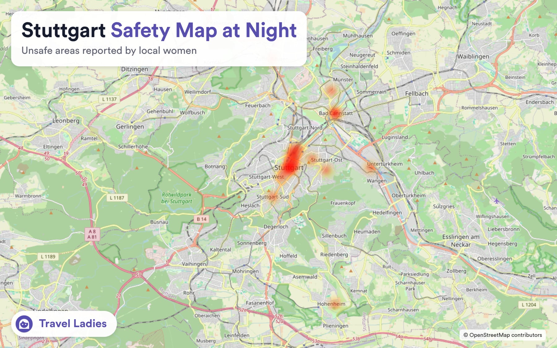 Stuttgart safety map at night: unsafe areas reported by local women