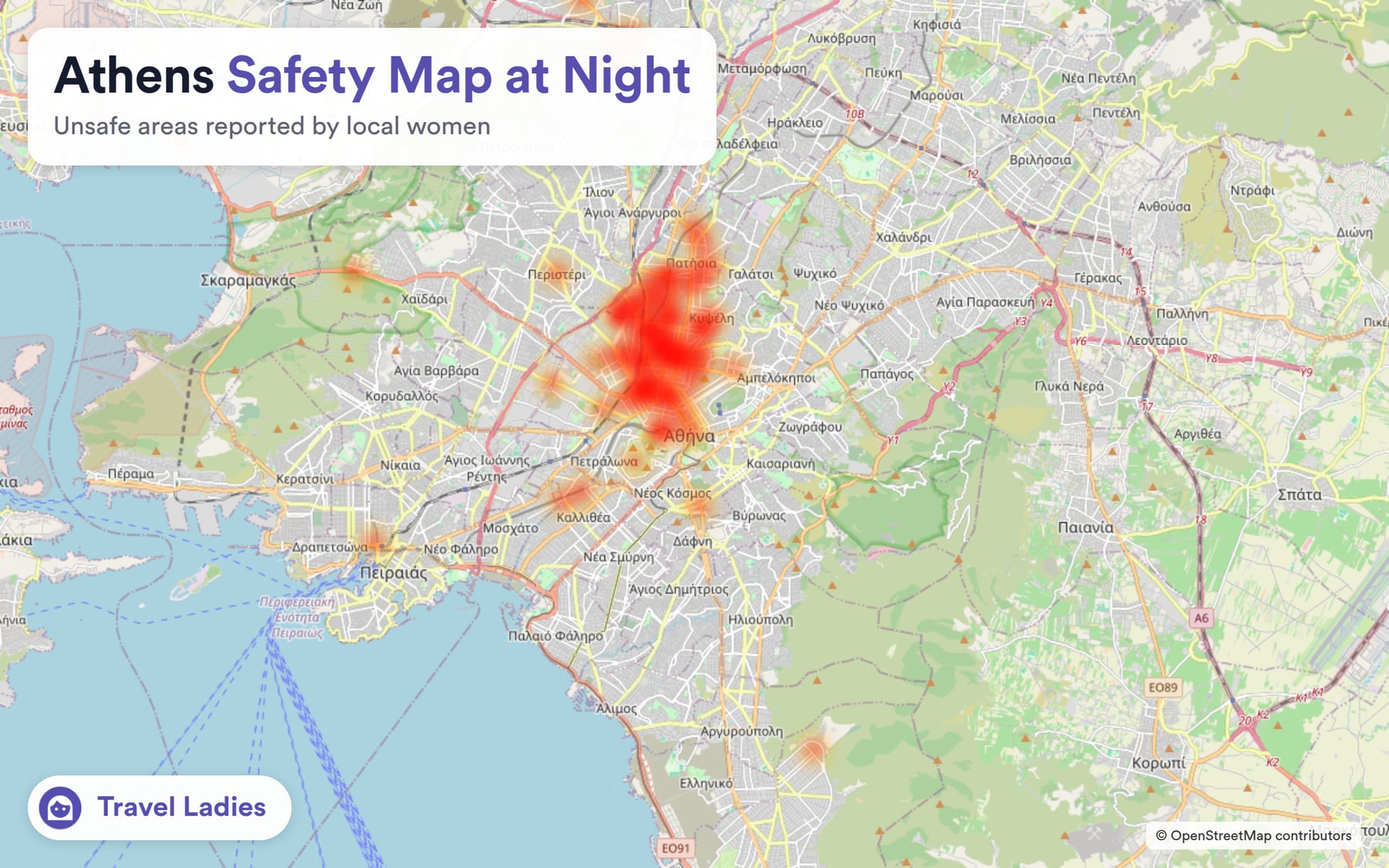 Athens safety map at night: unsafe areas reported by local women