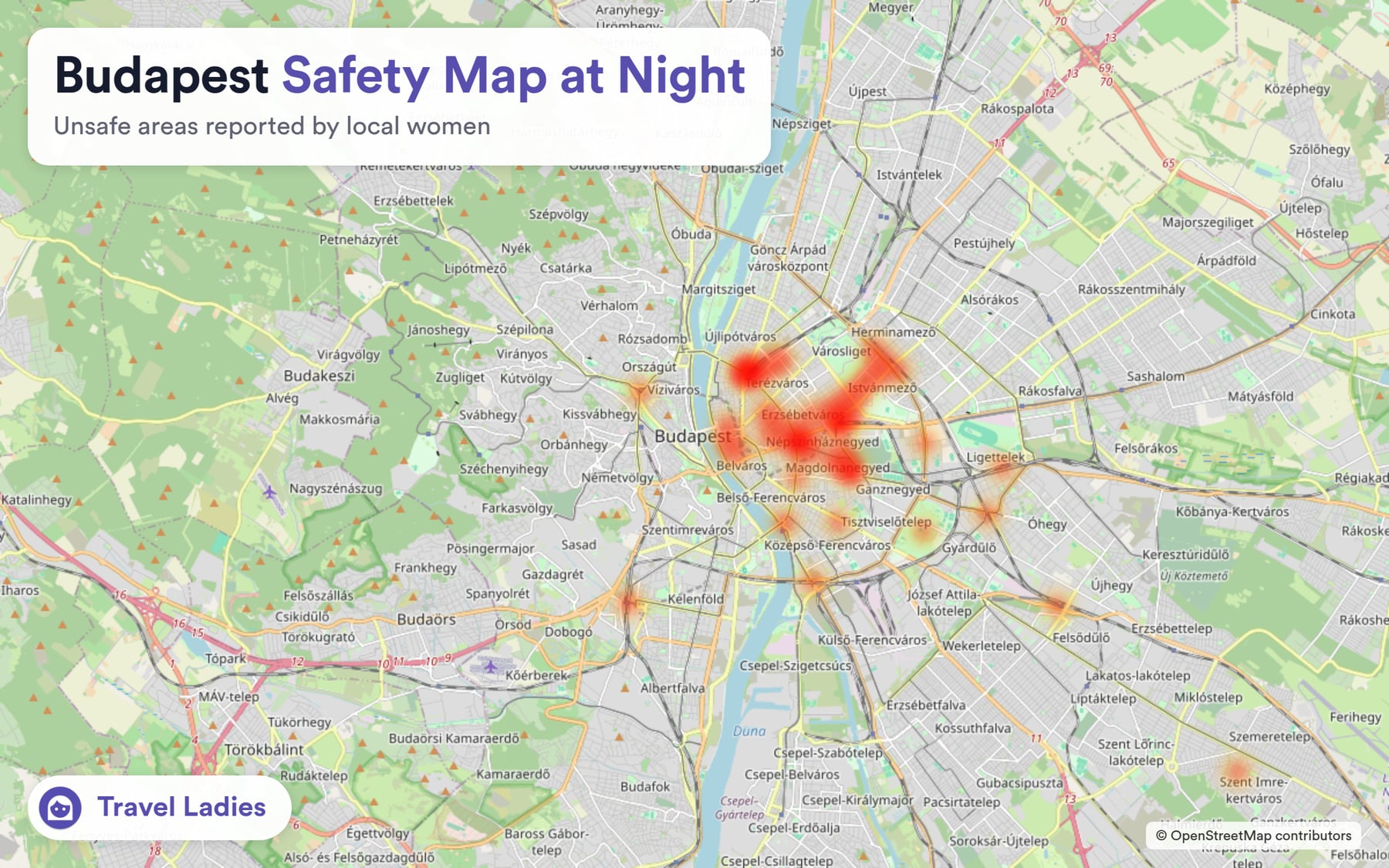 Budapest safety map at night: unsafe areas reported by local women
