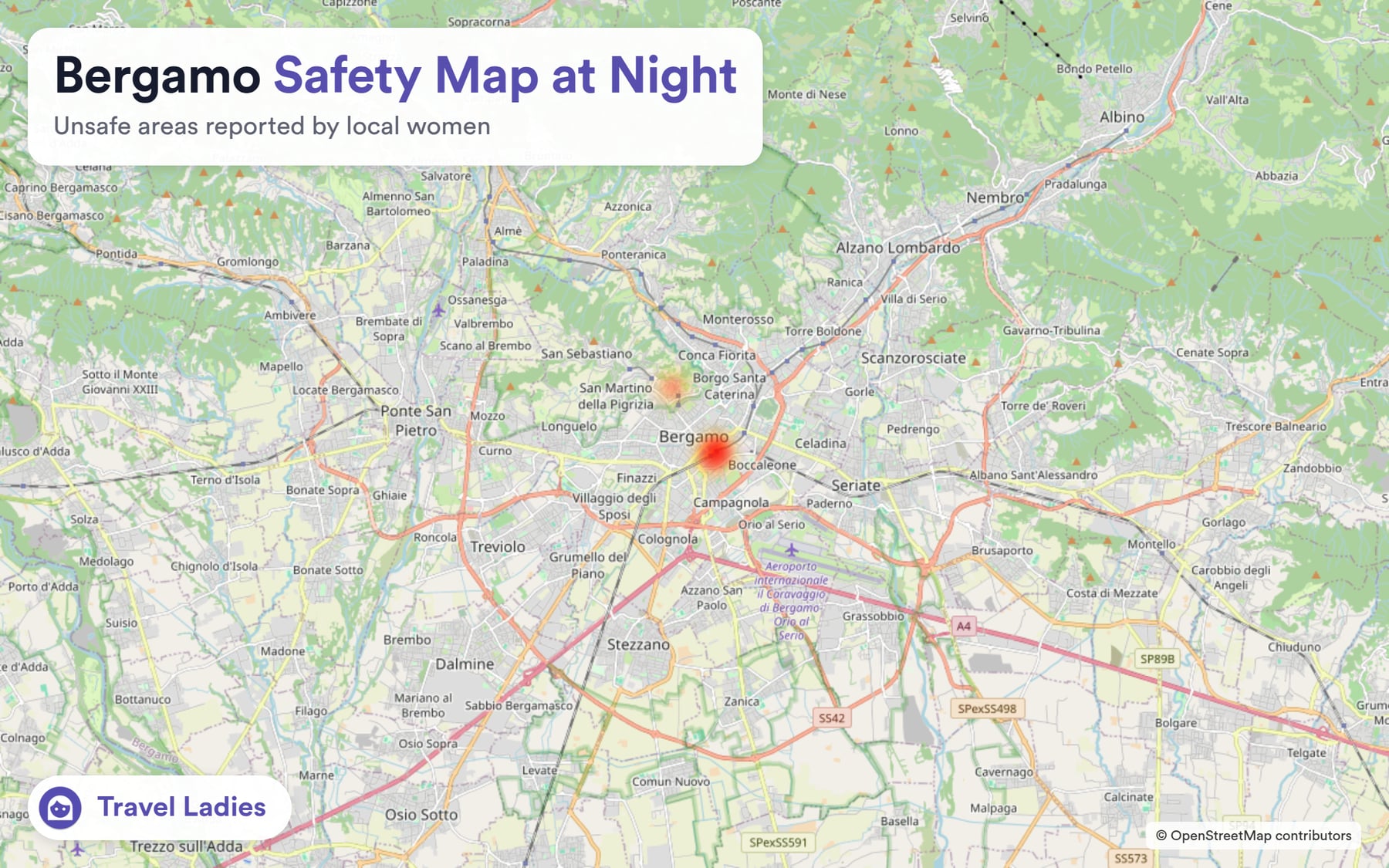 Bergamo safety map at night: unsafe areas reported by local women
