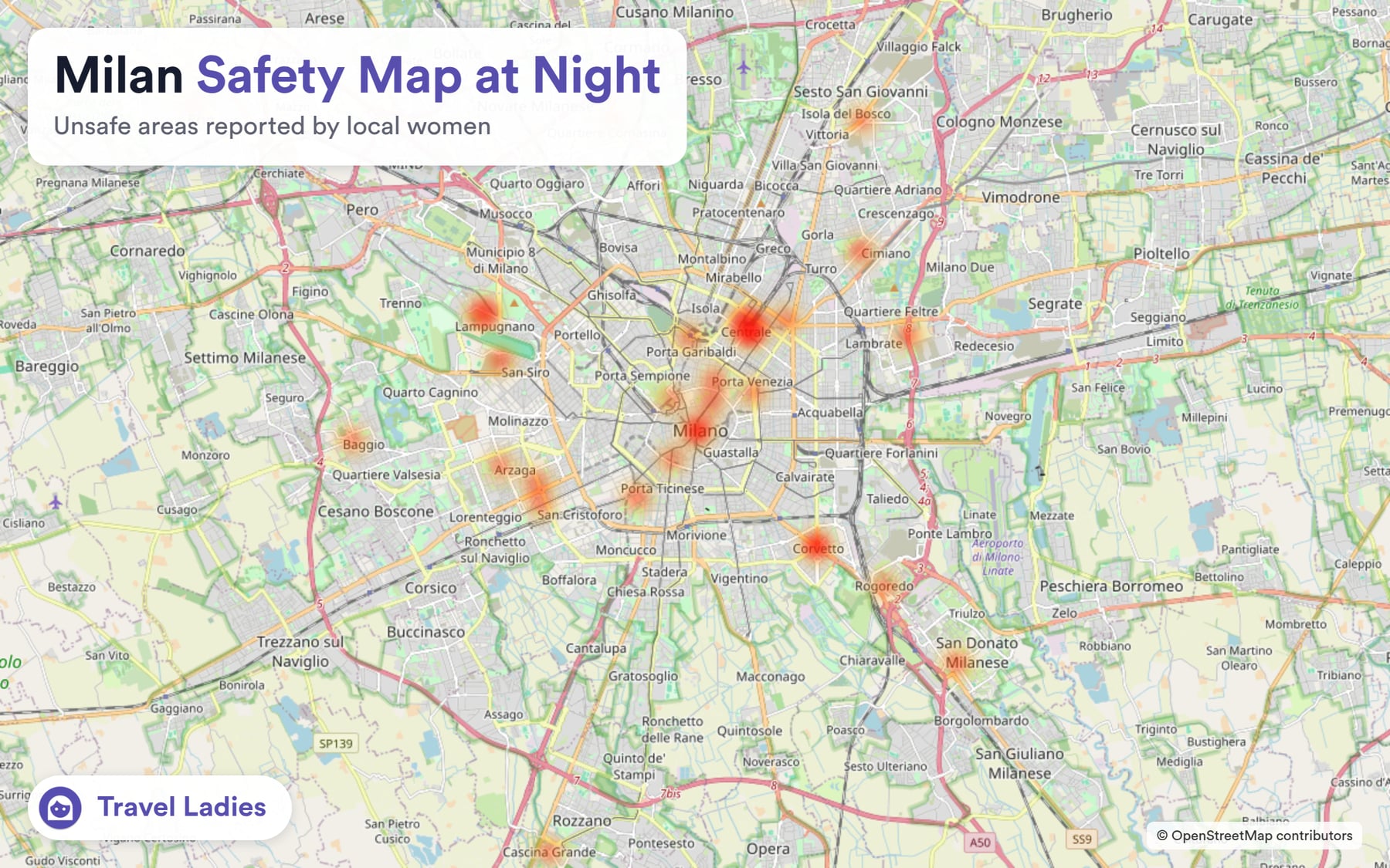Milan safety map at night: unsafe areas reported by local women