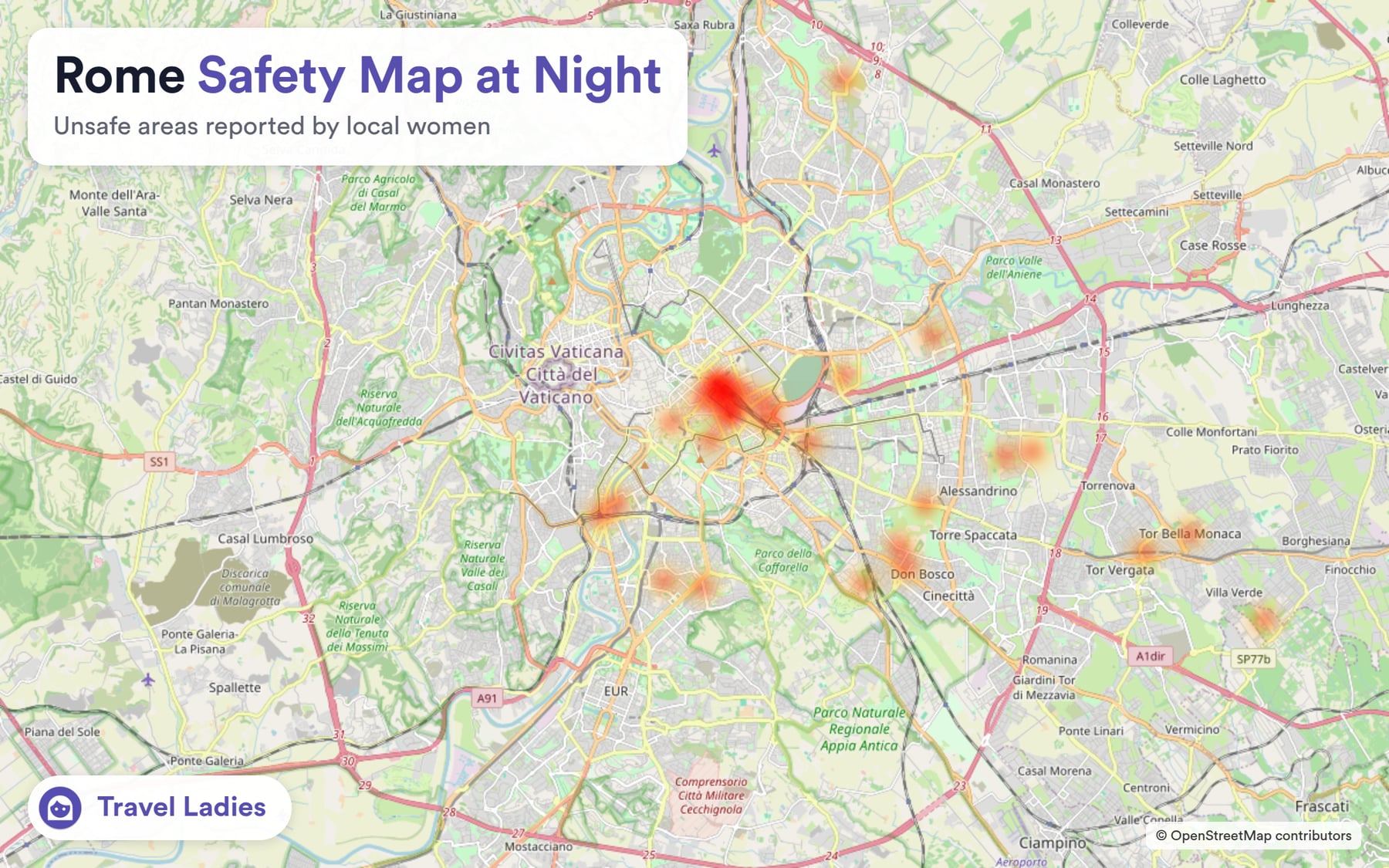 Rome safety map at night: unsafe areas reported by local women