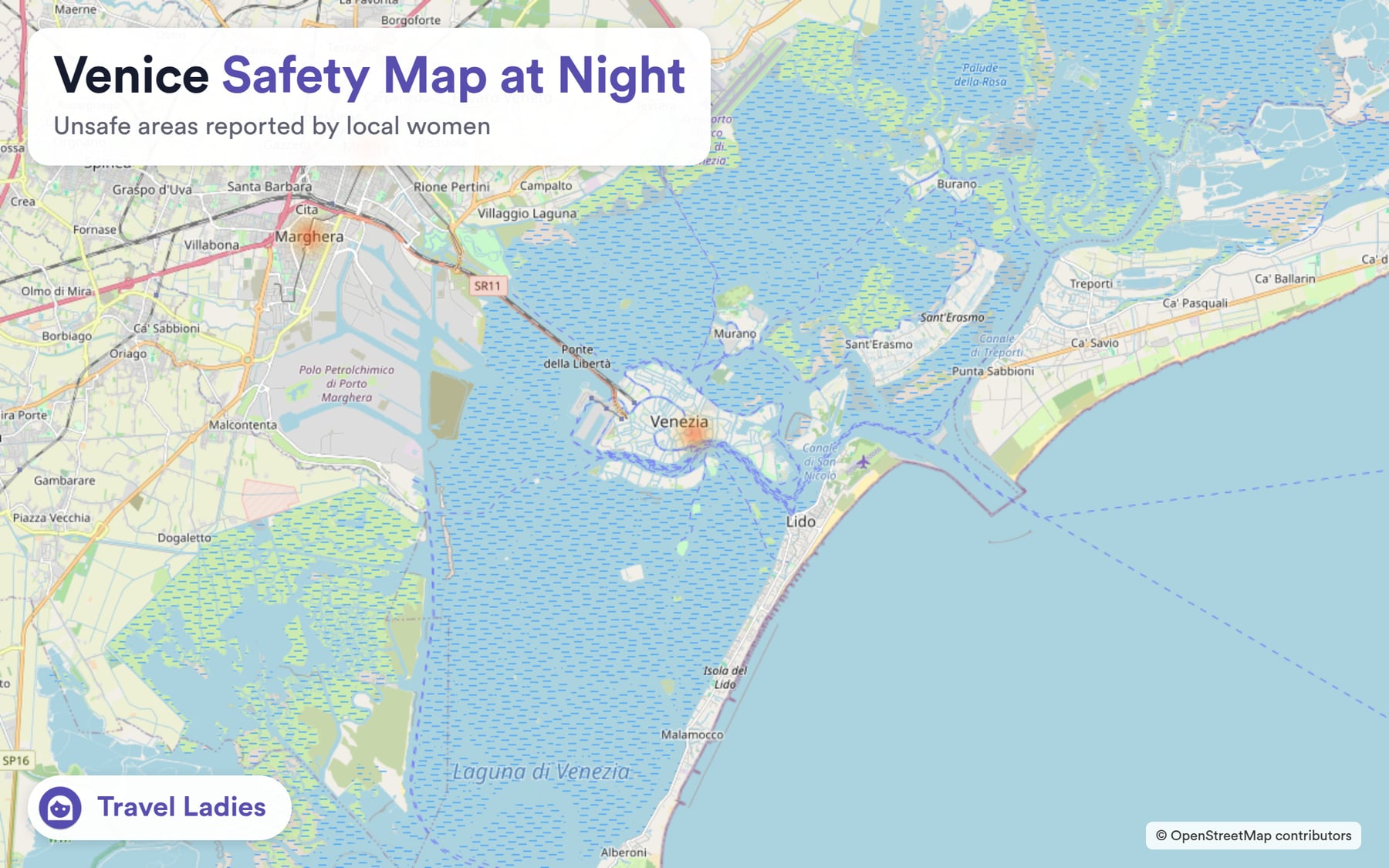 Venice safety map at night: unsafe areas reported by local women