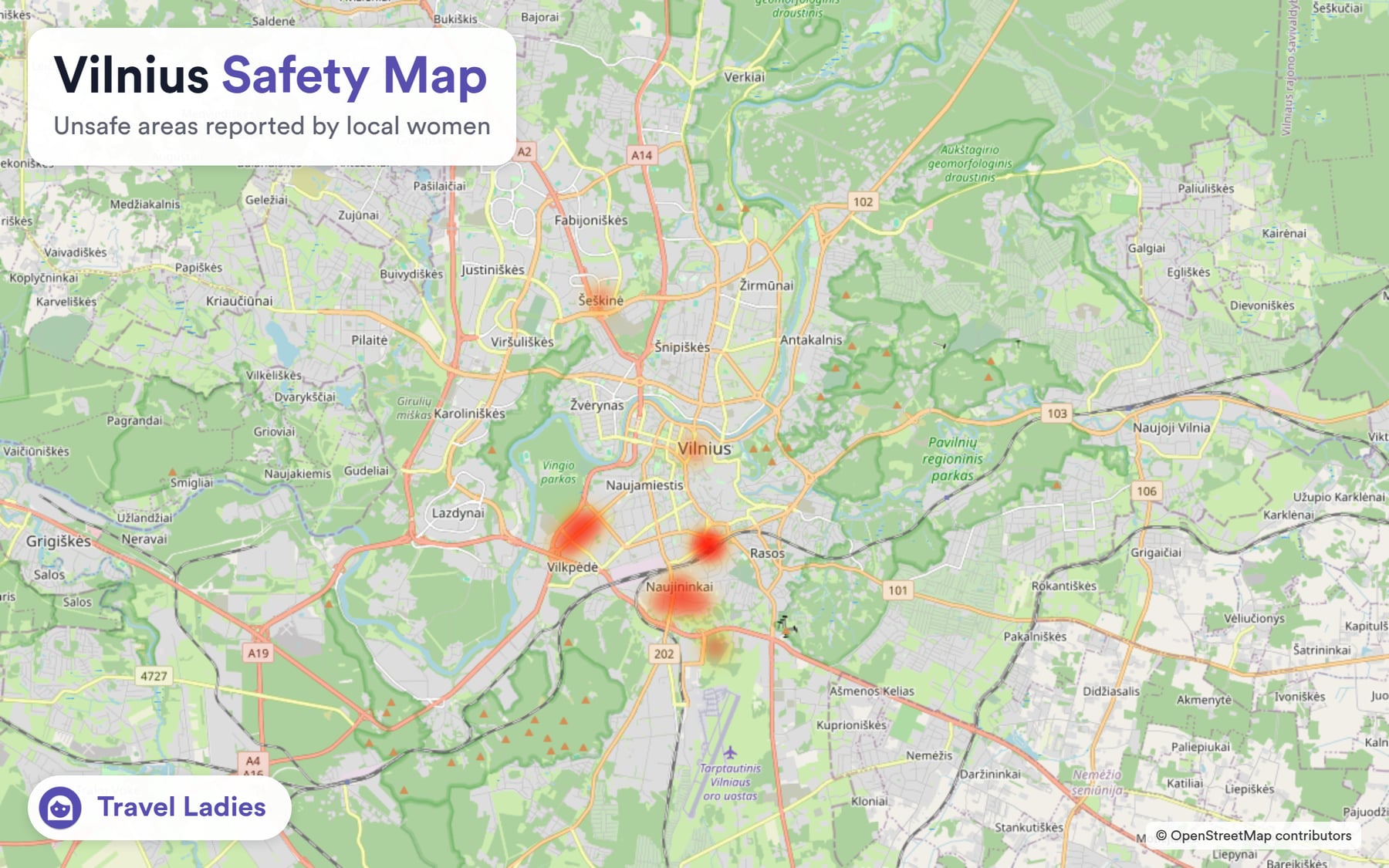 Vilnius safety map: unsafe areas reported by local women