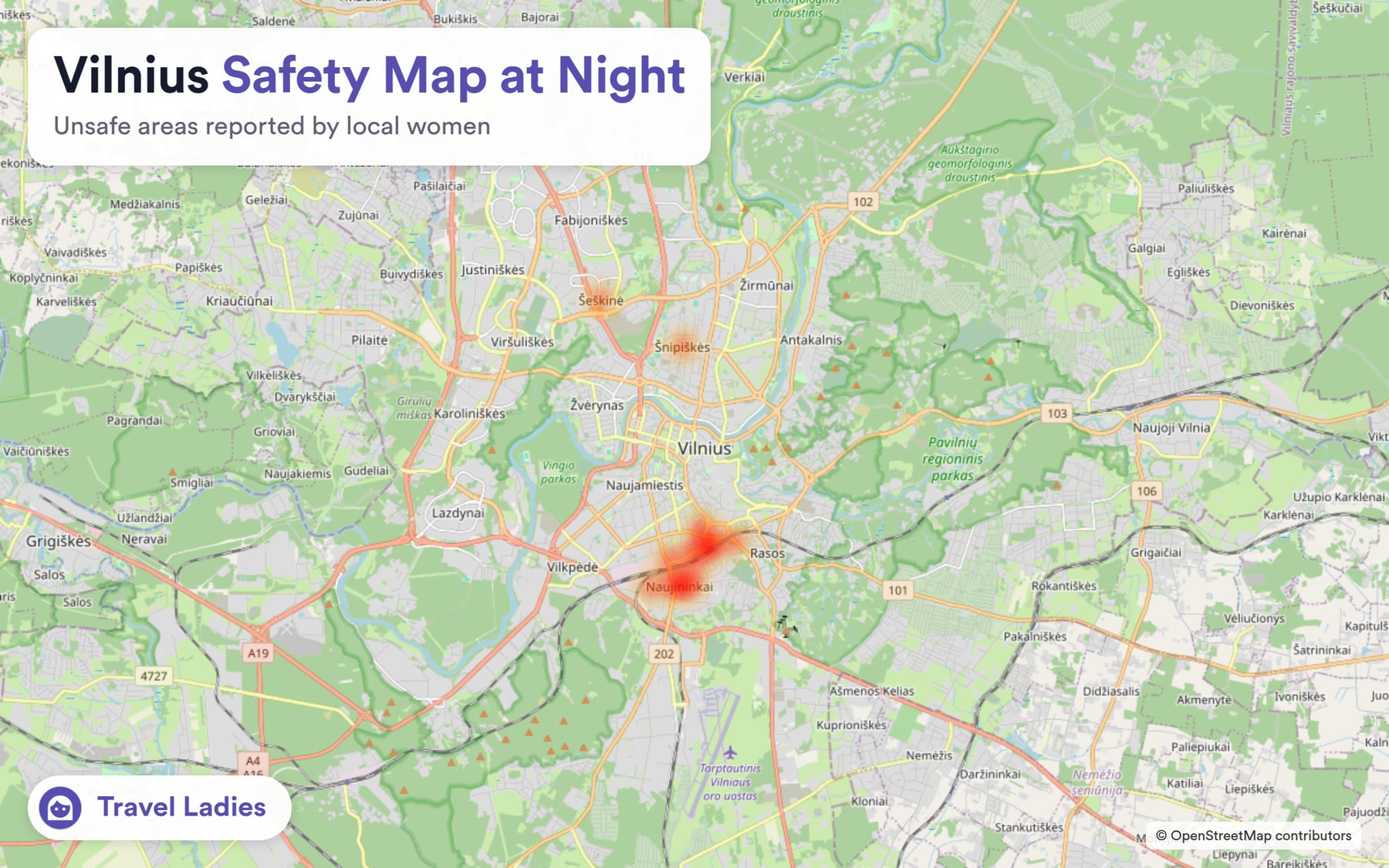 Vilnius safety map at night: unsafe areas reported by local women