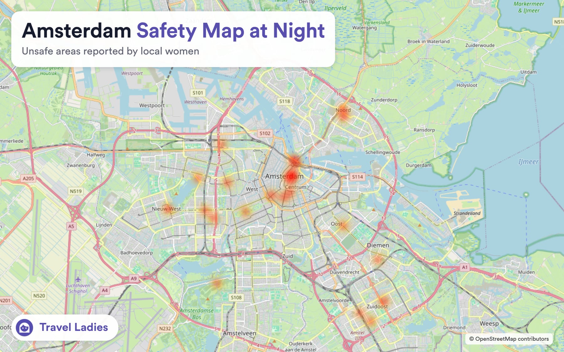 Amsterdam safety map at night: unsafe areas reported by local women