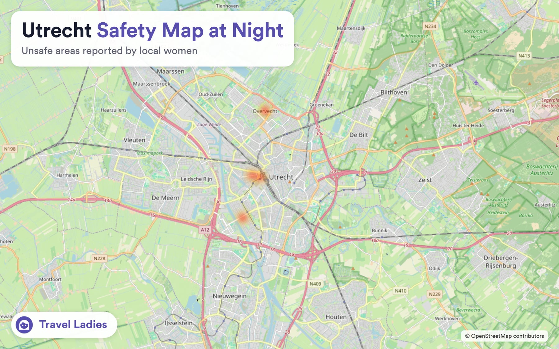 Utrecht safety map at night: unsafe areas reported by local women