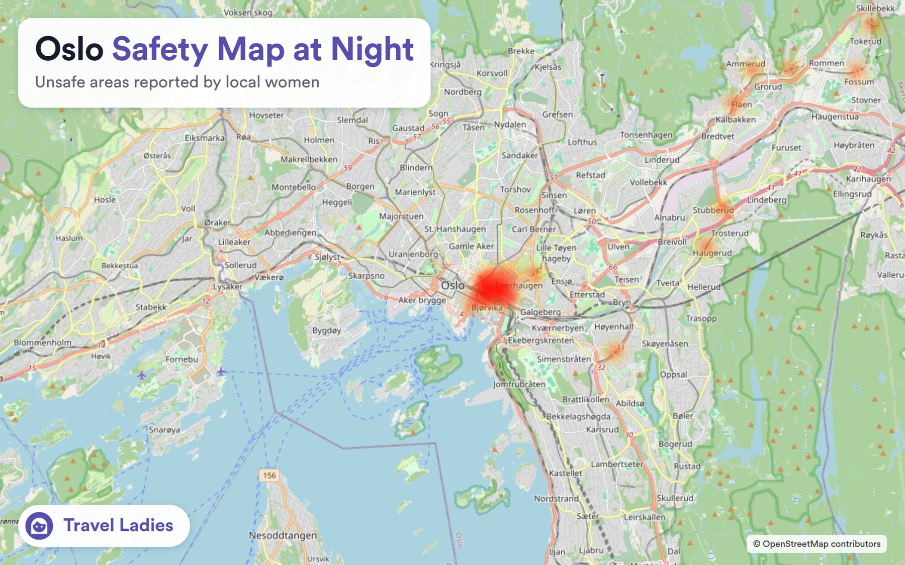 Oslo safety map at night: unsafe areas reported by local women