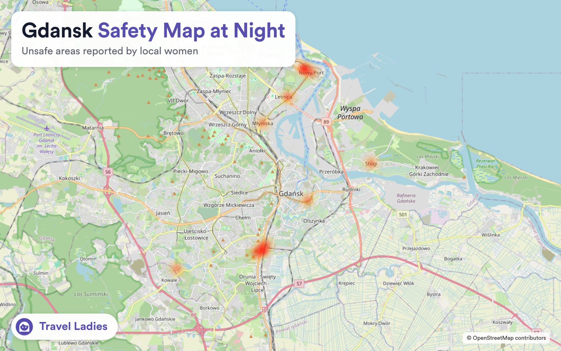 Gdansk safety map at night: unsafe areas reported by local women