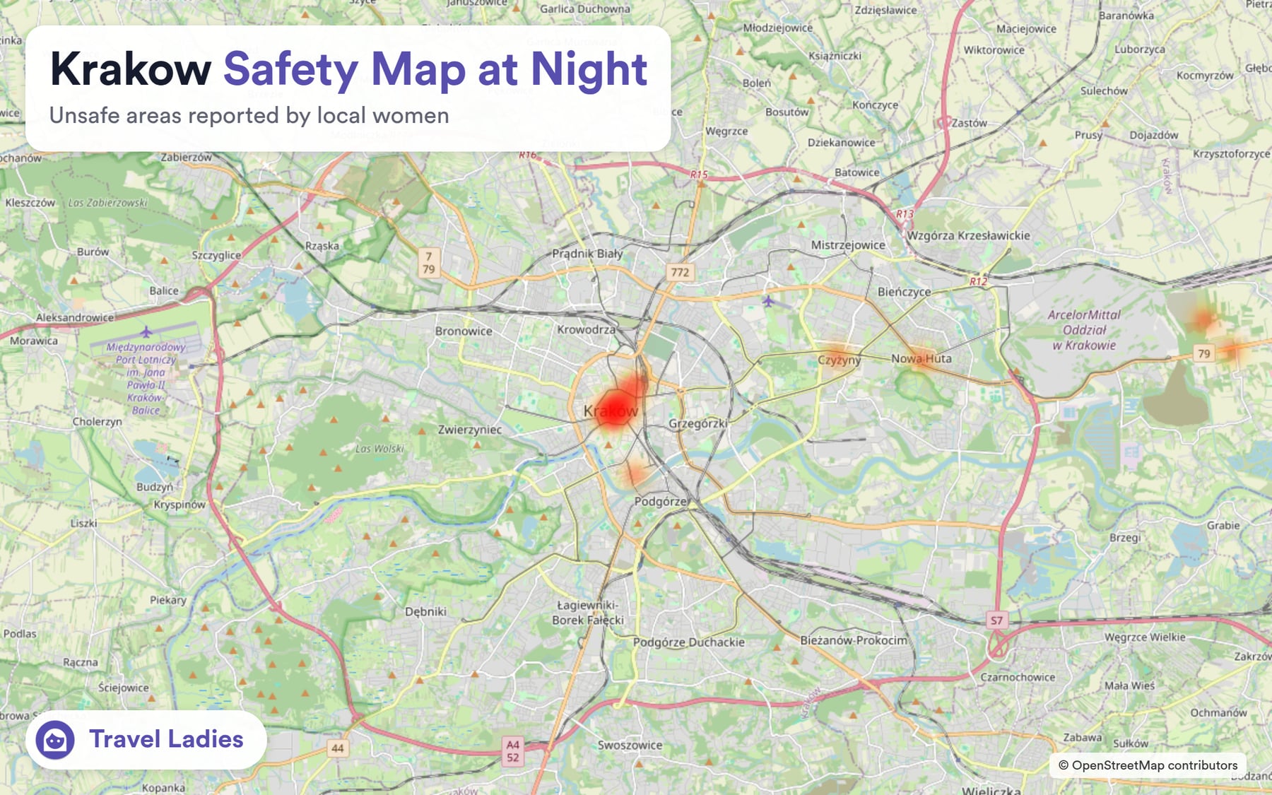 Krakow safety map at night: unsafe areas reported by local women