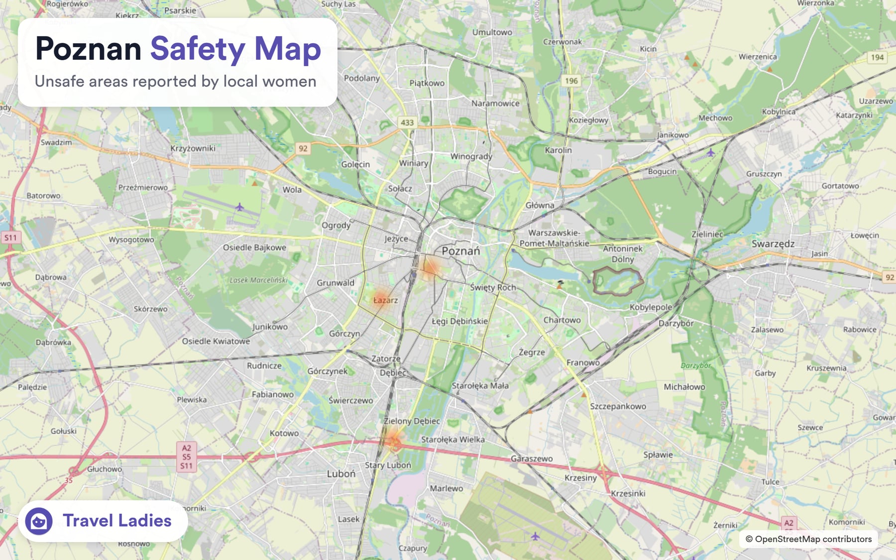 Poznan safety map: unsafe areas reported by local women