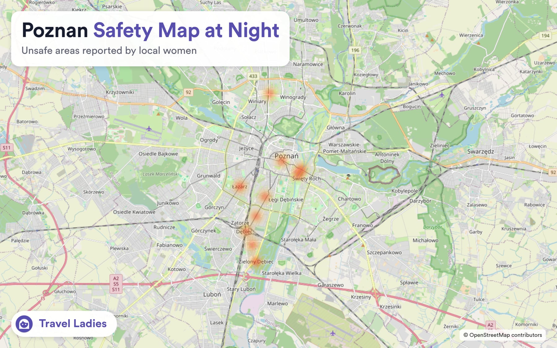 Poznan safety map at night: unsafe areas reported by local women