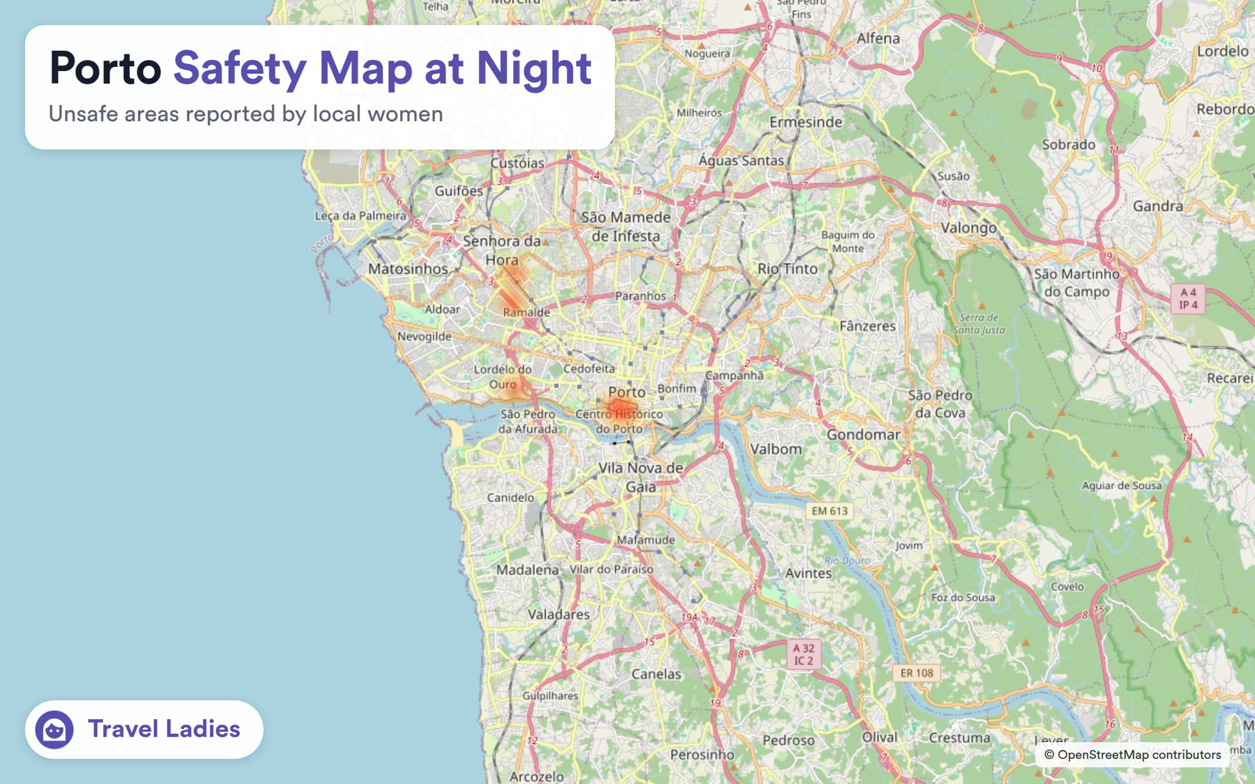 Porto safety map at night: unsafe areas reported by local women