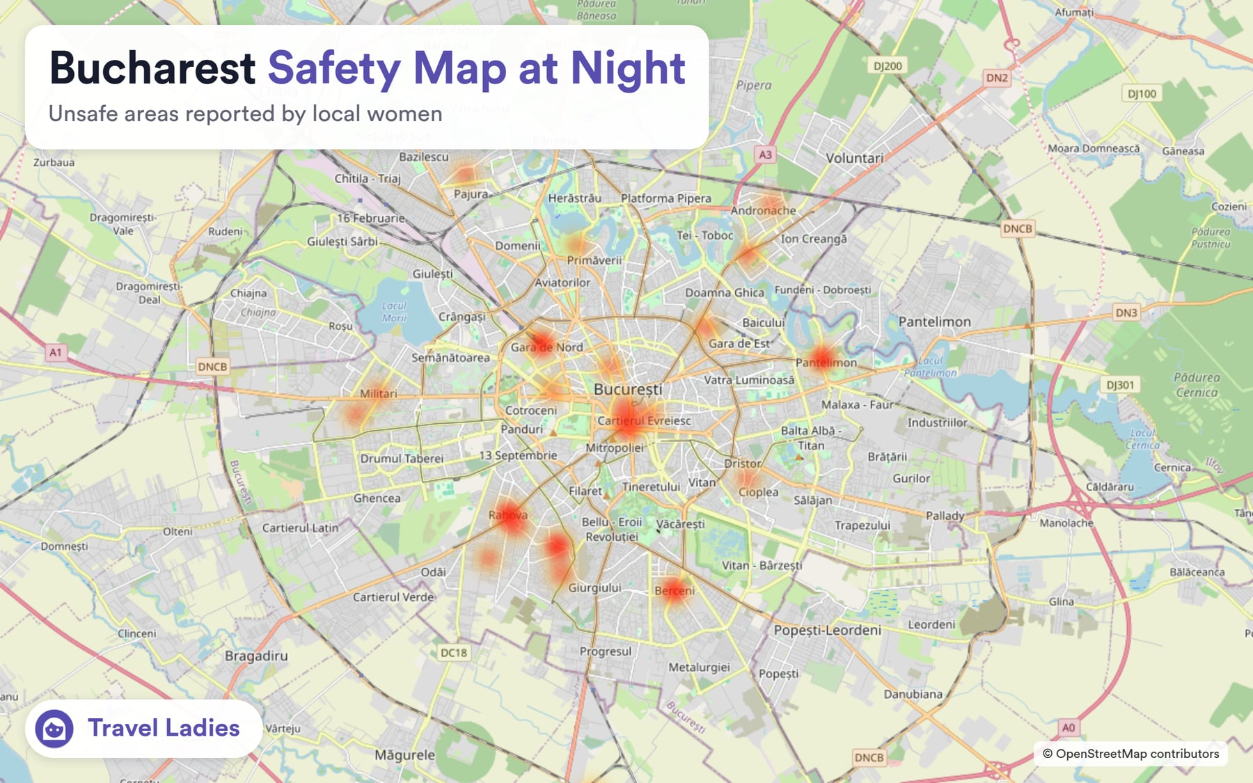 Bucharest safety map at night: unsafe areas reported by local women