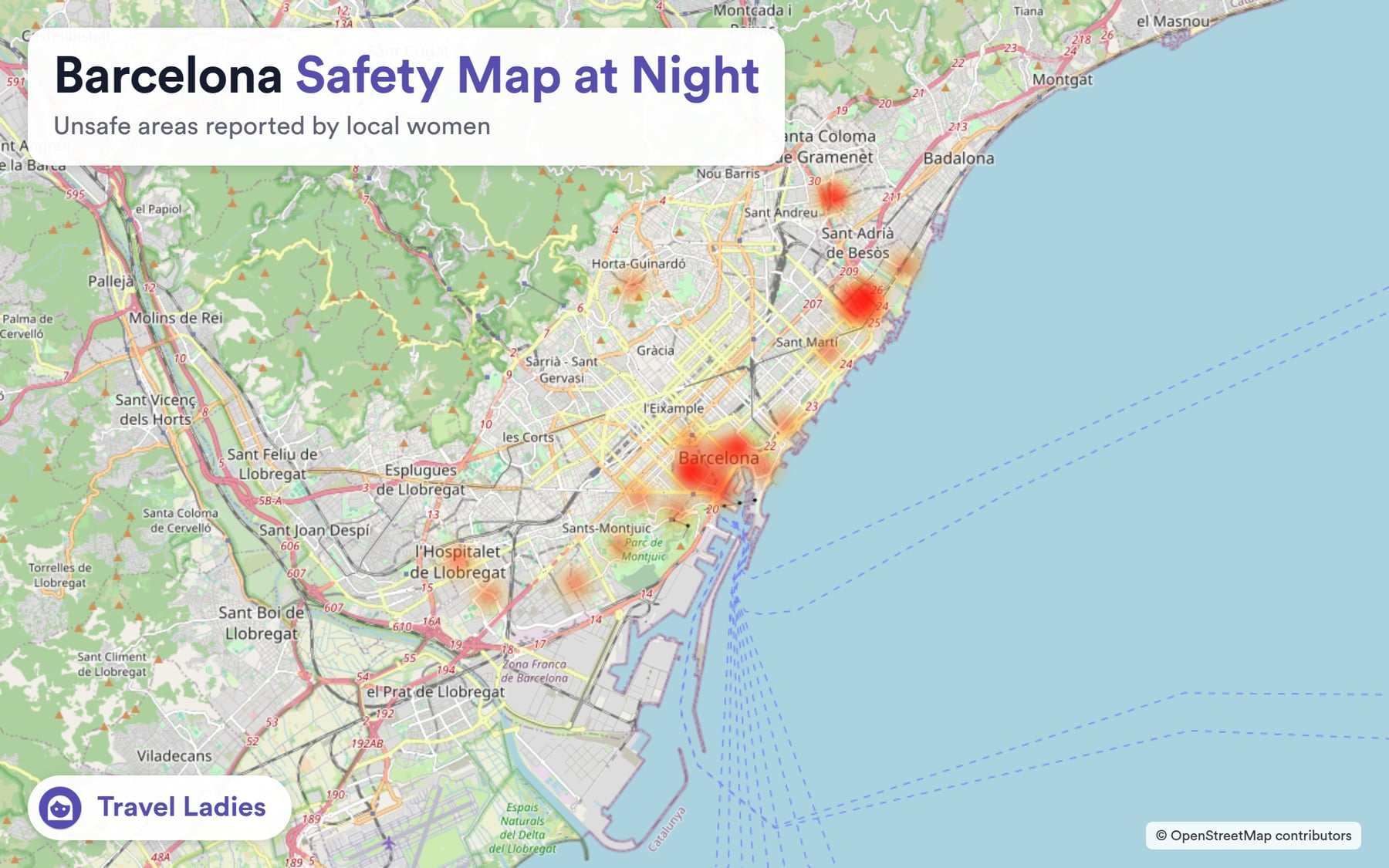 Barcelona safety map at night: unsafe areas reported by local women