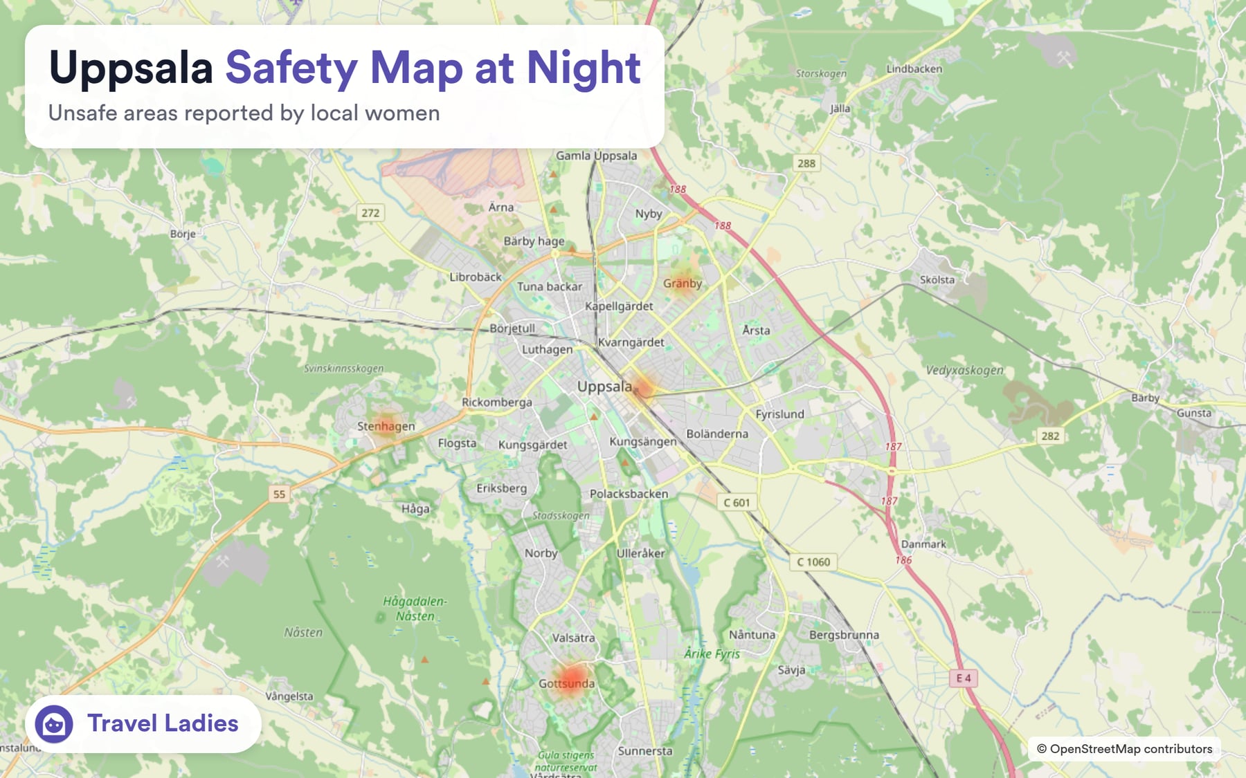 Uppsala safety map at night: unsafe areas reported by local women