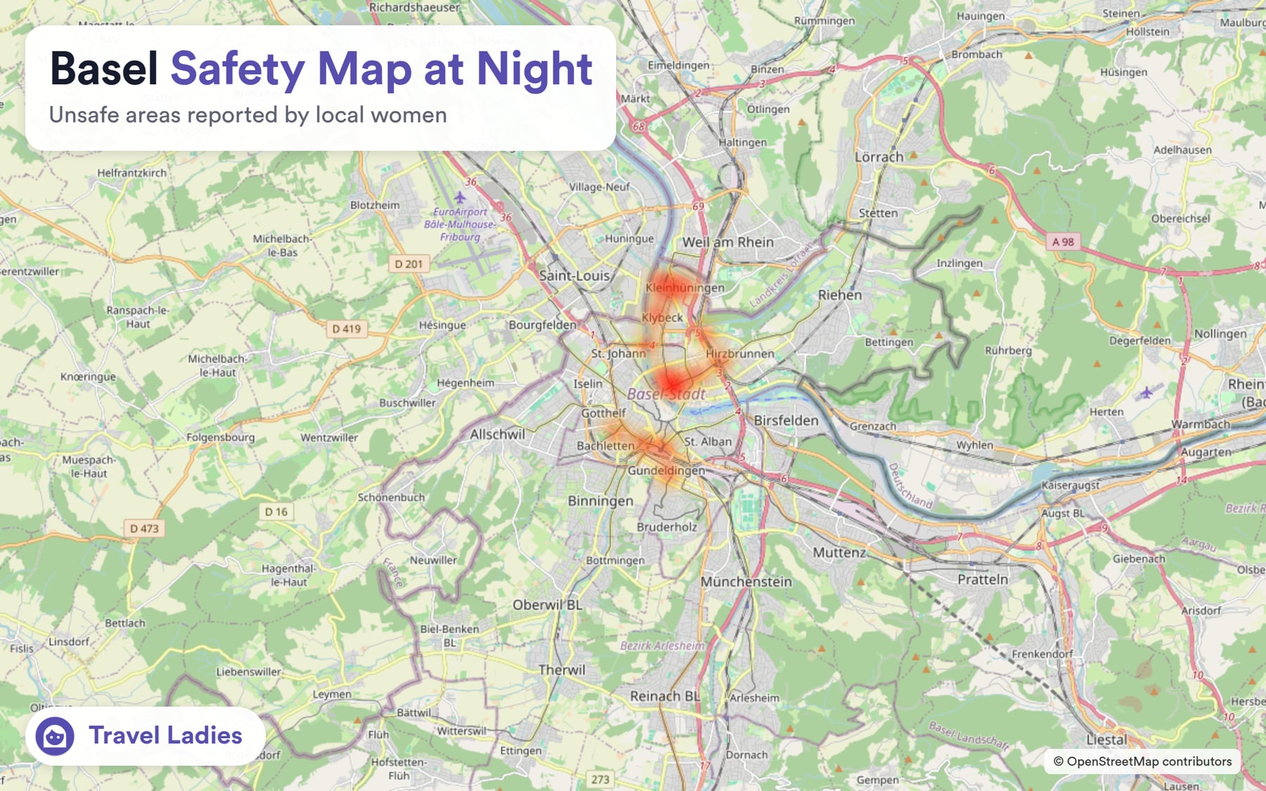 Basel safety map at night: unsafe areas reported by local women