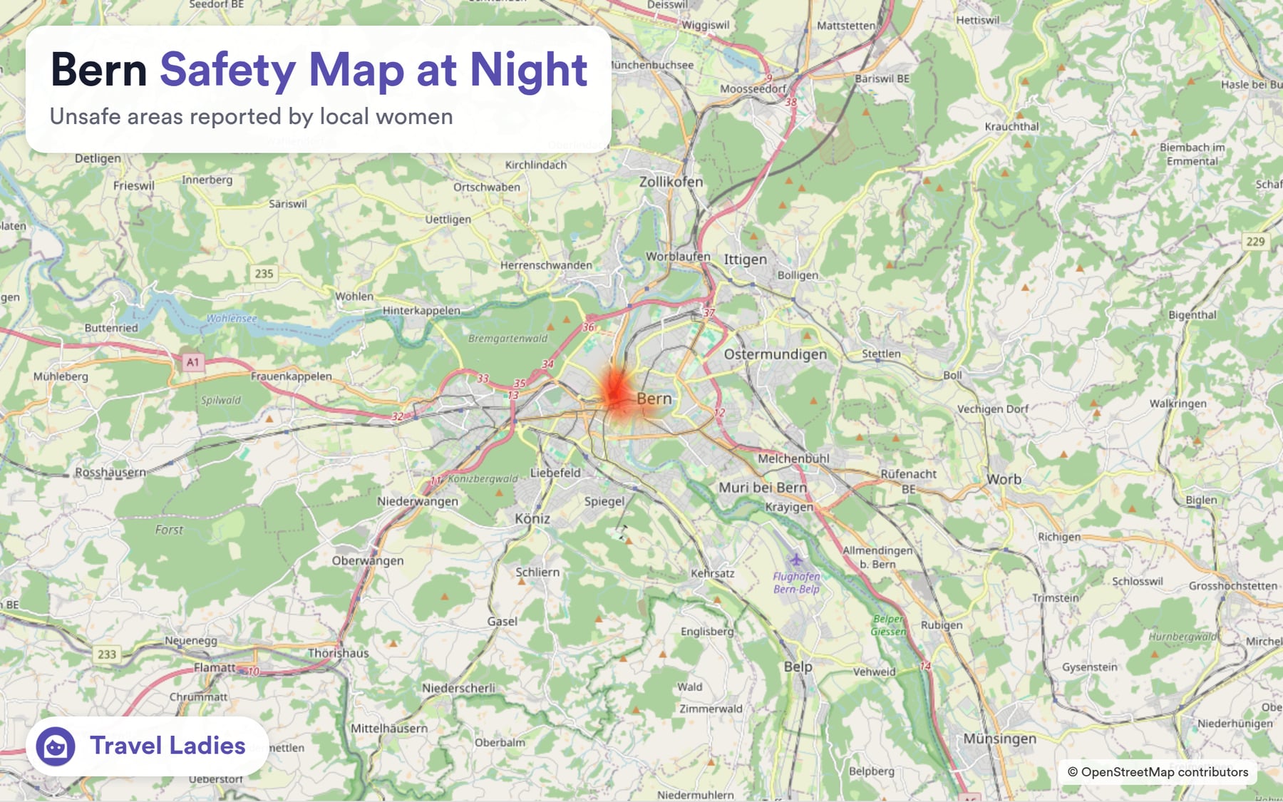 Bern safety map at night: unsafe areas reported by local women