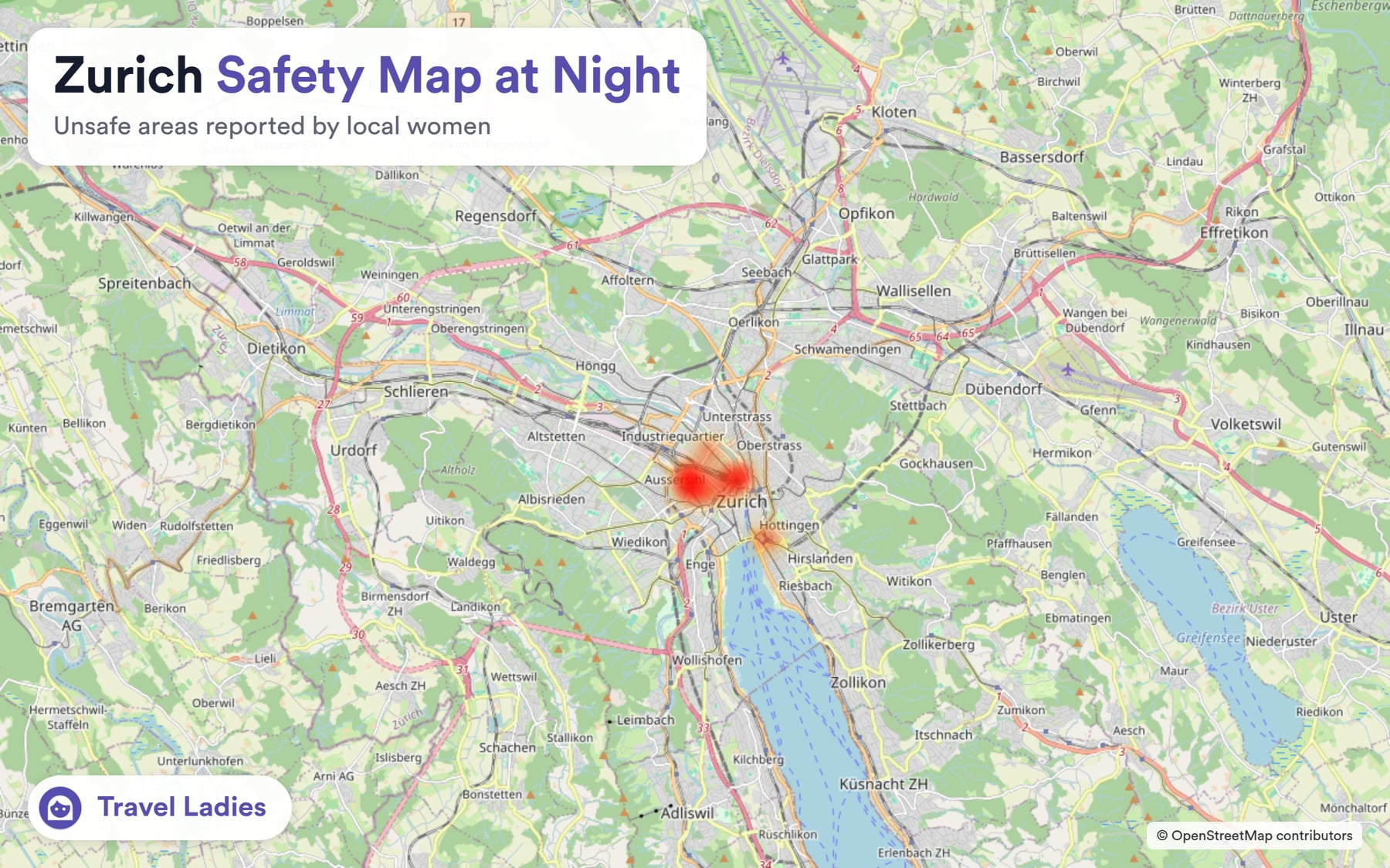 Zurich safety map at night: unsafe areas reported by local women