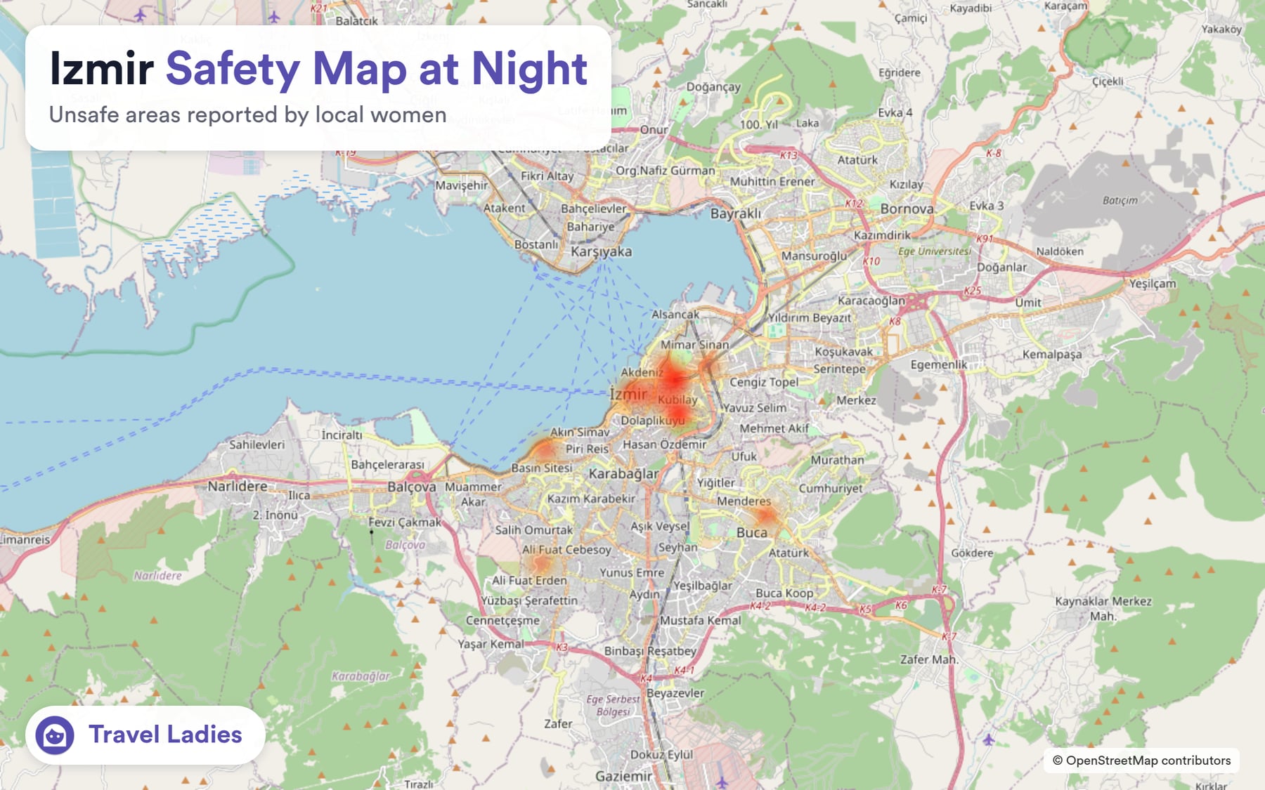 Izmir safety map at night: unsafe areas reported by local women