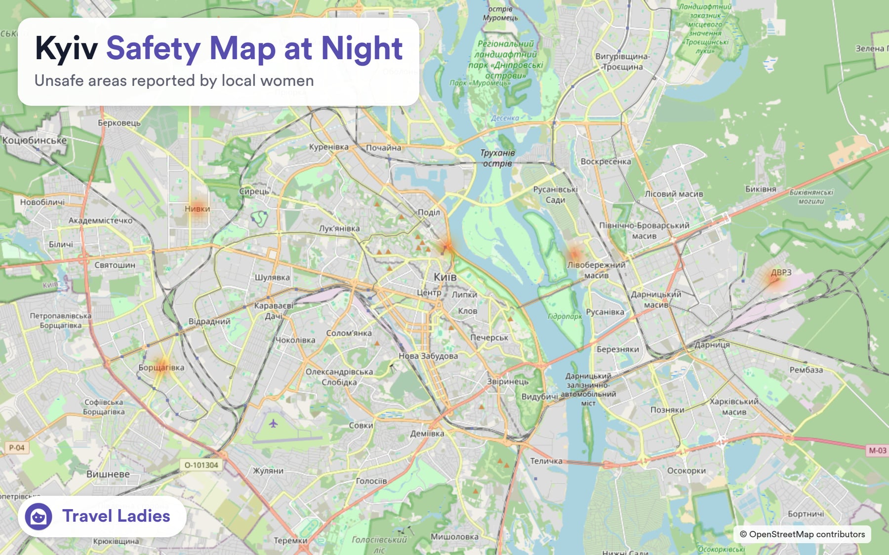 Kyiv safety map at night: unsafe areas reported by local women