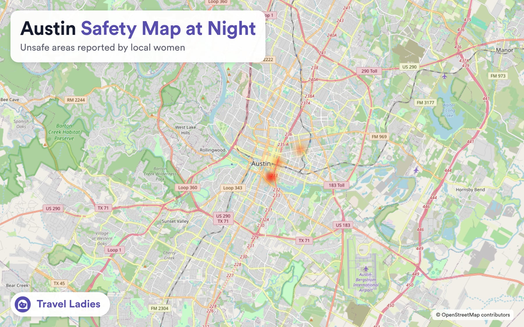 Austin safety map at night: unsafe areas reported by local women