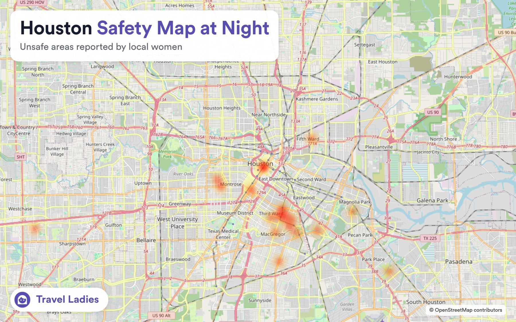 Houston safety map at night: unsafe areas reported by local women