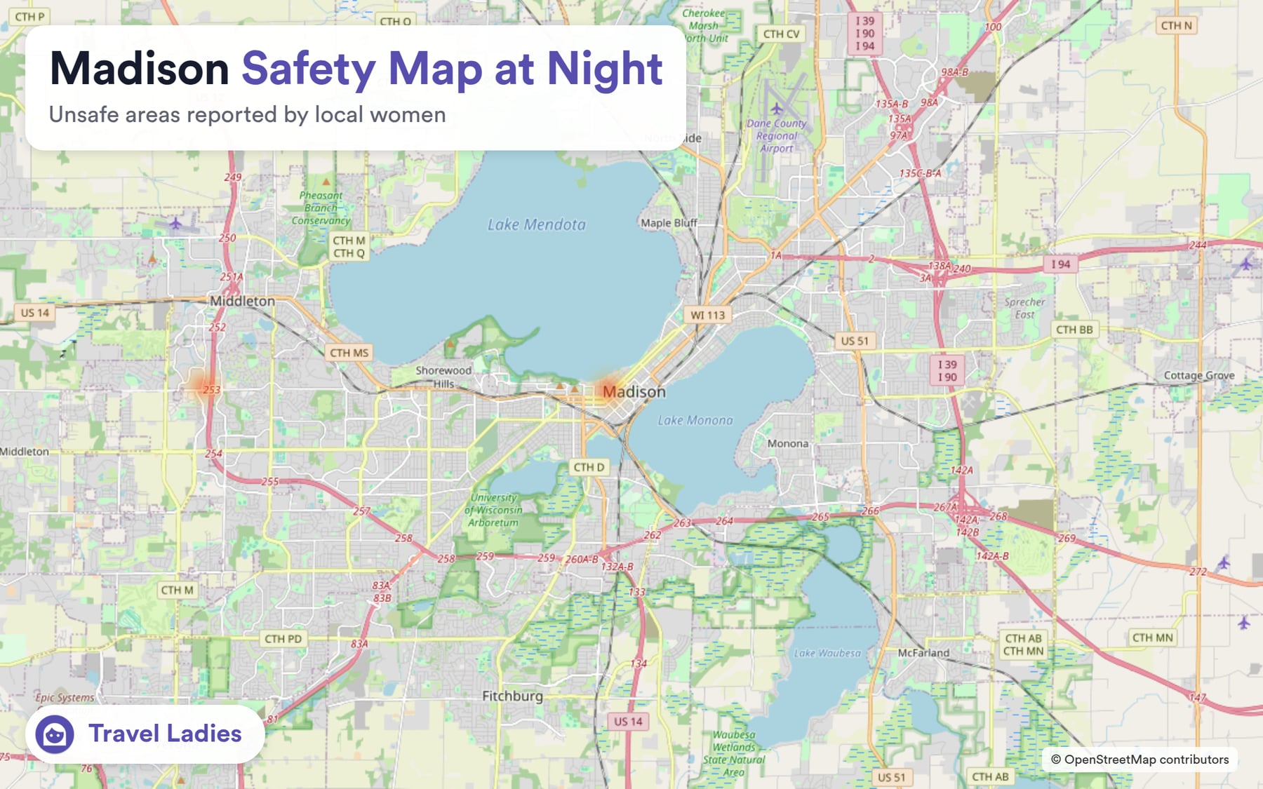 Madison safety map at night: unsafe areas reported by local women