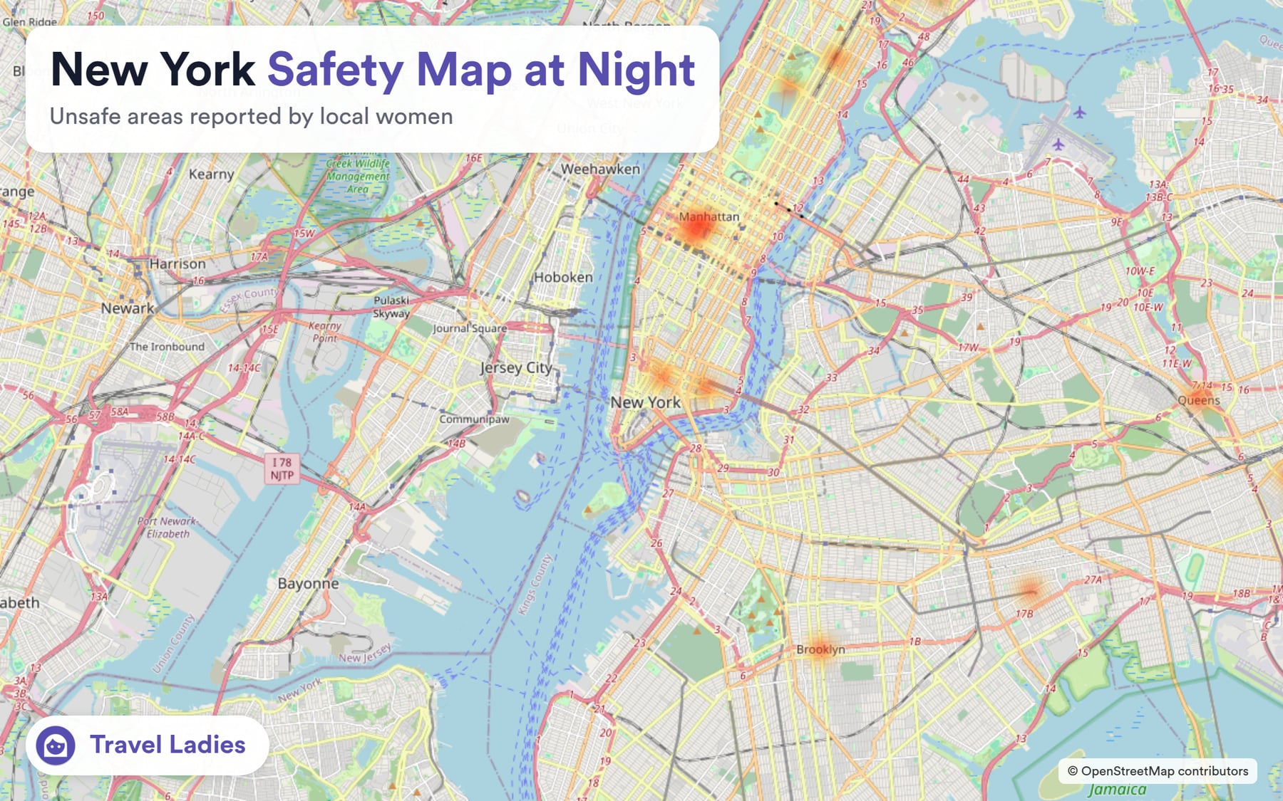New York safety map at night: unsafe areas reported by local women