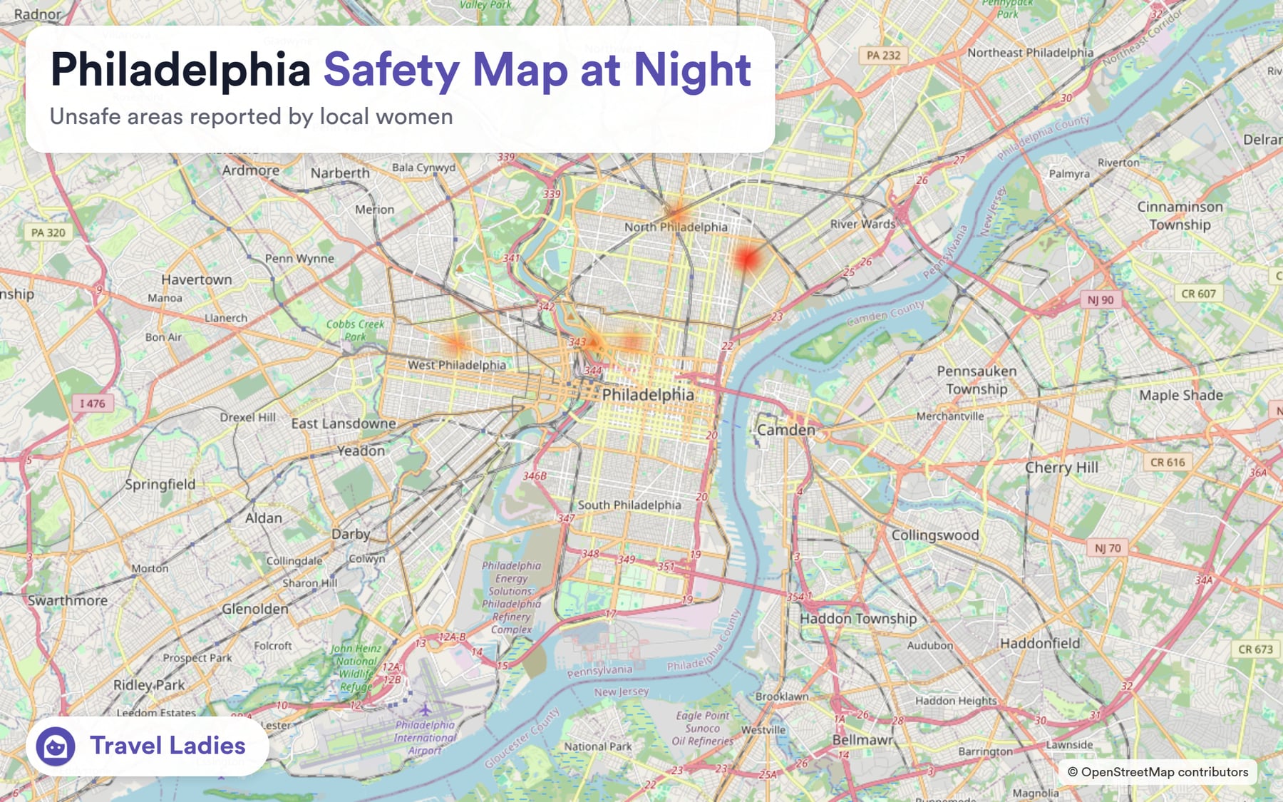 Philadelphia safety map at night: unsafe areas reported by local women