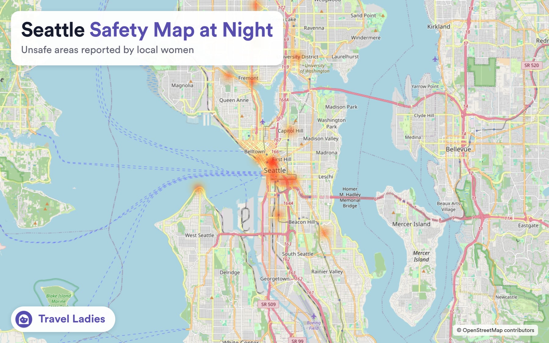 Seattle safety map at night: unsafe areas reported by local women