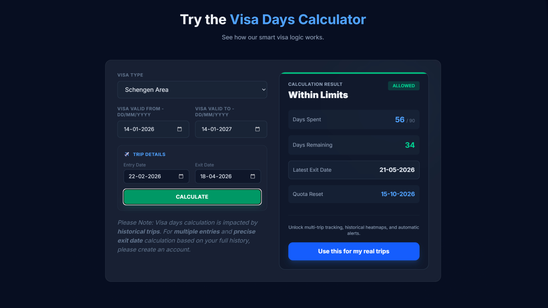 UI showing visa day calculations and date ranges